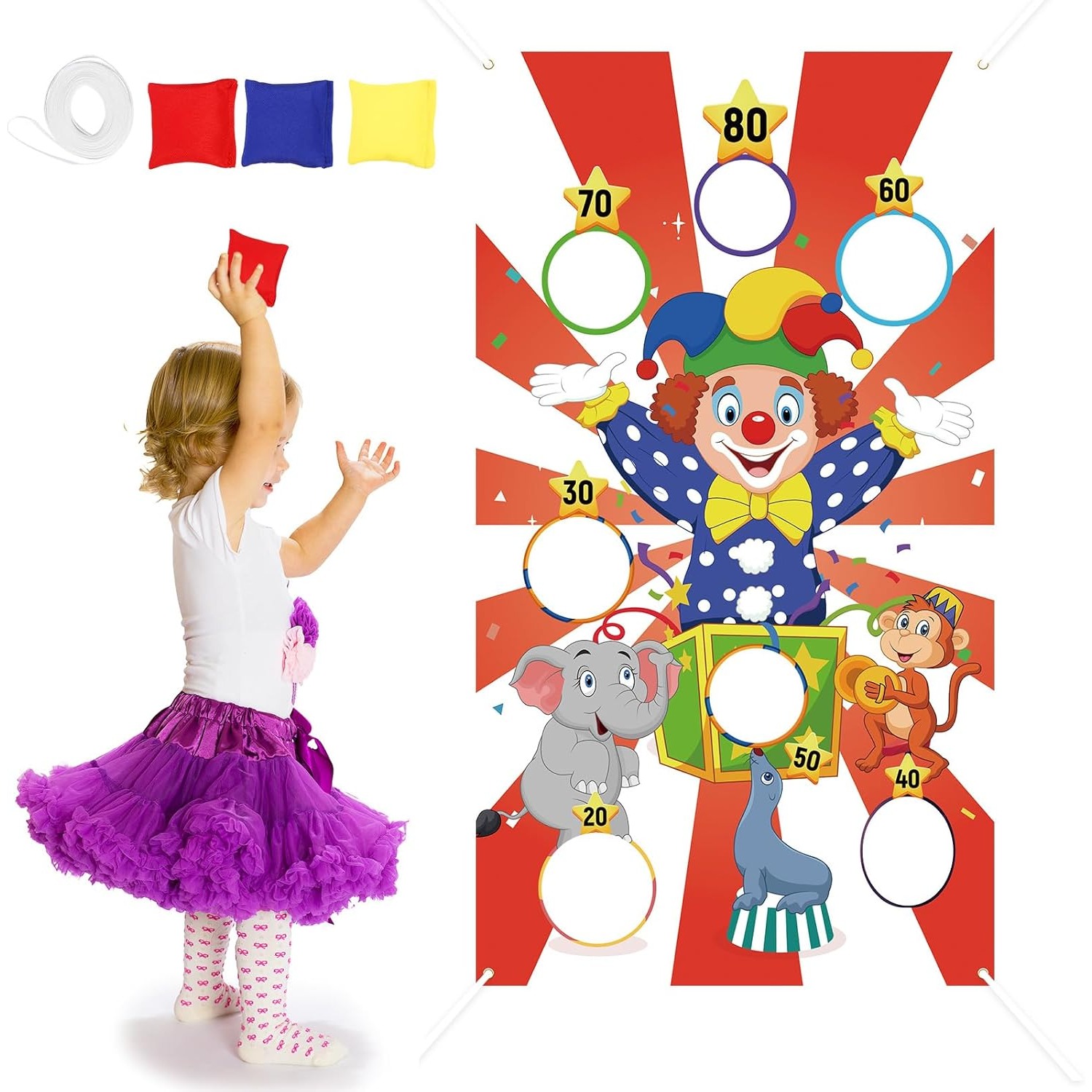 

54" X 30" Carnival Toss Game With 3 Bean Bags Clown Throwing Game Banner Fun Carnival Outdoor Game For Activities Decoration Supplies