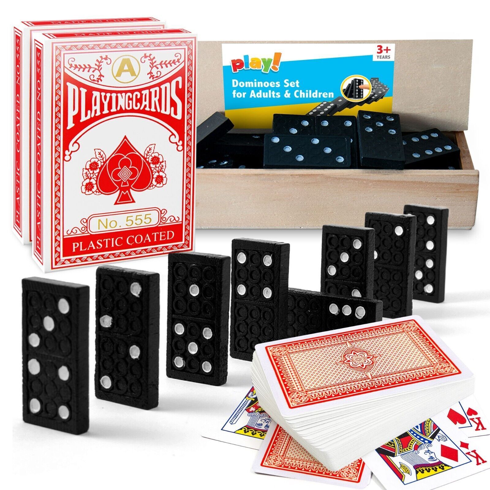 TEMU 2 Pack Playing Cards & Dominoes Set | Plastic Coated Standard Card Decks With 52 Cards Each | 28 Piece Dominoes In Wooden Storage Box |