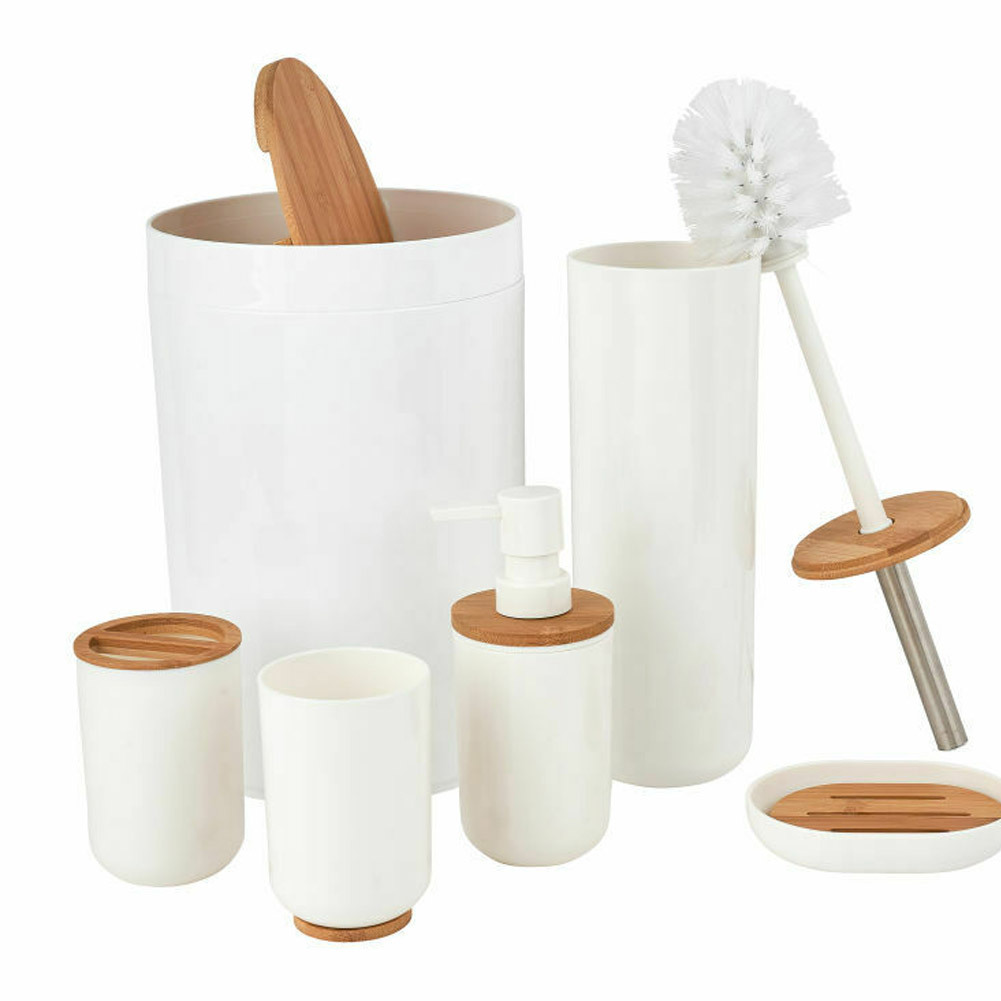 TEMU Set da Bagno 6 Pezzi in Legno di Bamb羅 e Plastica con Portaspazzolino, Portasapone e Cestino in e Bamb羅 Naturale