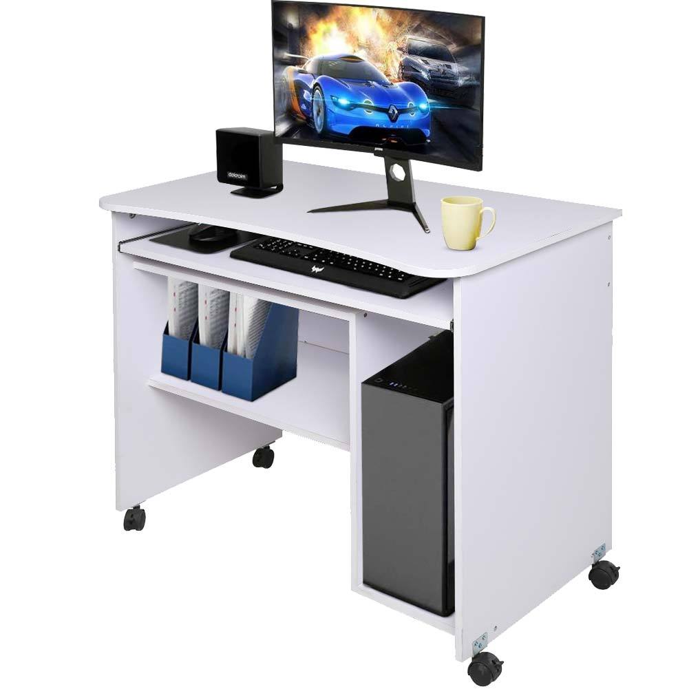 Bakaji Desk With Extractable Keyboard Tray Lower Shelf And Computer Compartment Home Office Furniture Modern Wooden Mdf Computer Table With 4 Wheels