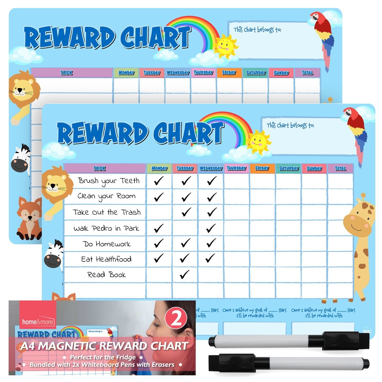 TEMU 2 Pack Kids Reward Chart Magnetic | Reusable & Chore Chart For Children | Star Chart With Pens | Positive Whiteboard For Kids Routine & Task