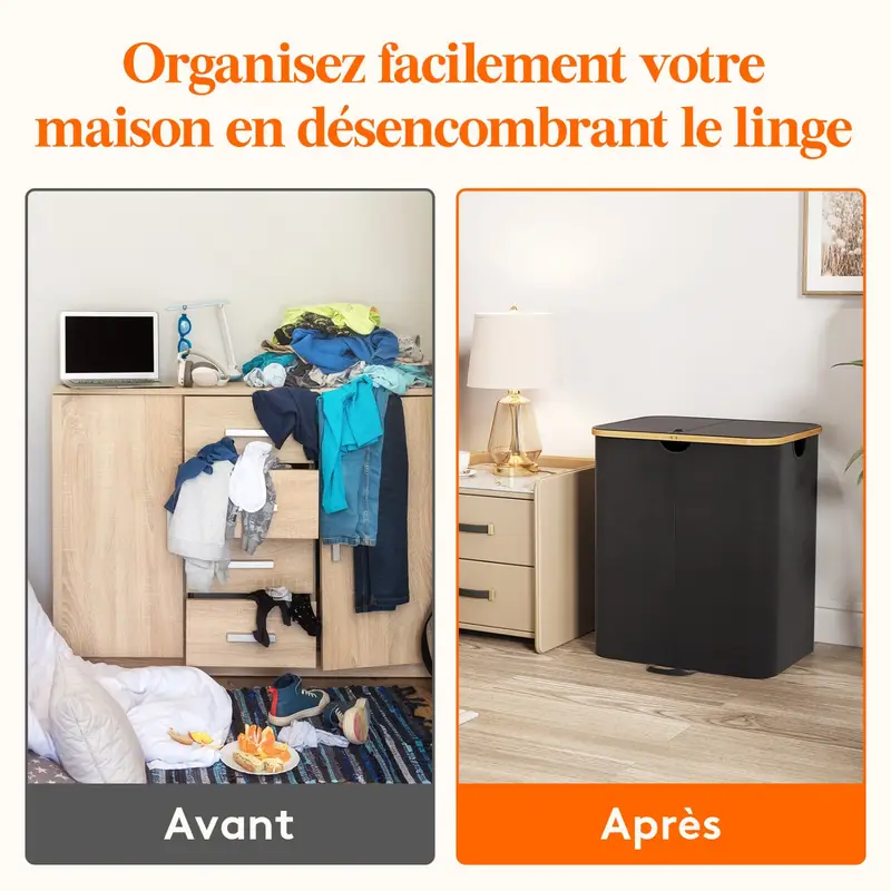 Panier à Linge Pliable XXL 120L Avec Couvercle Et 2 Sacs Amovibles - Noir