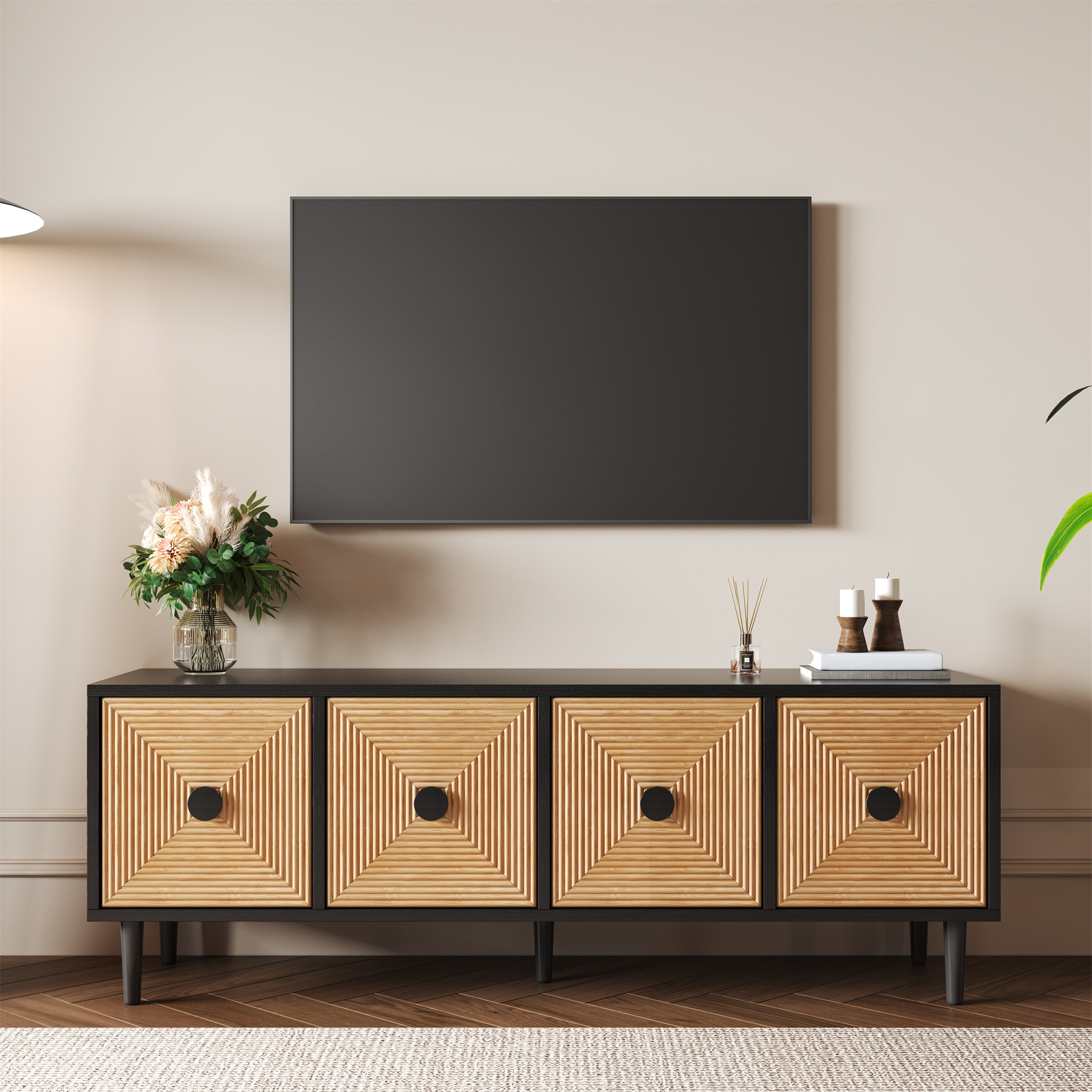 TEMU Btm Modern Cabinet – 150 X 38 X 55 Cm, Low Bamboo Lowboard, Tv Cabinet Furniture With Storage Space