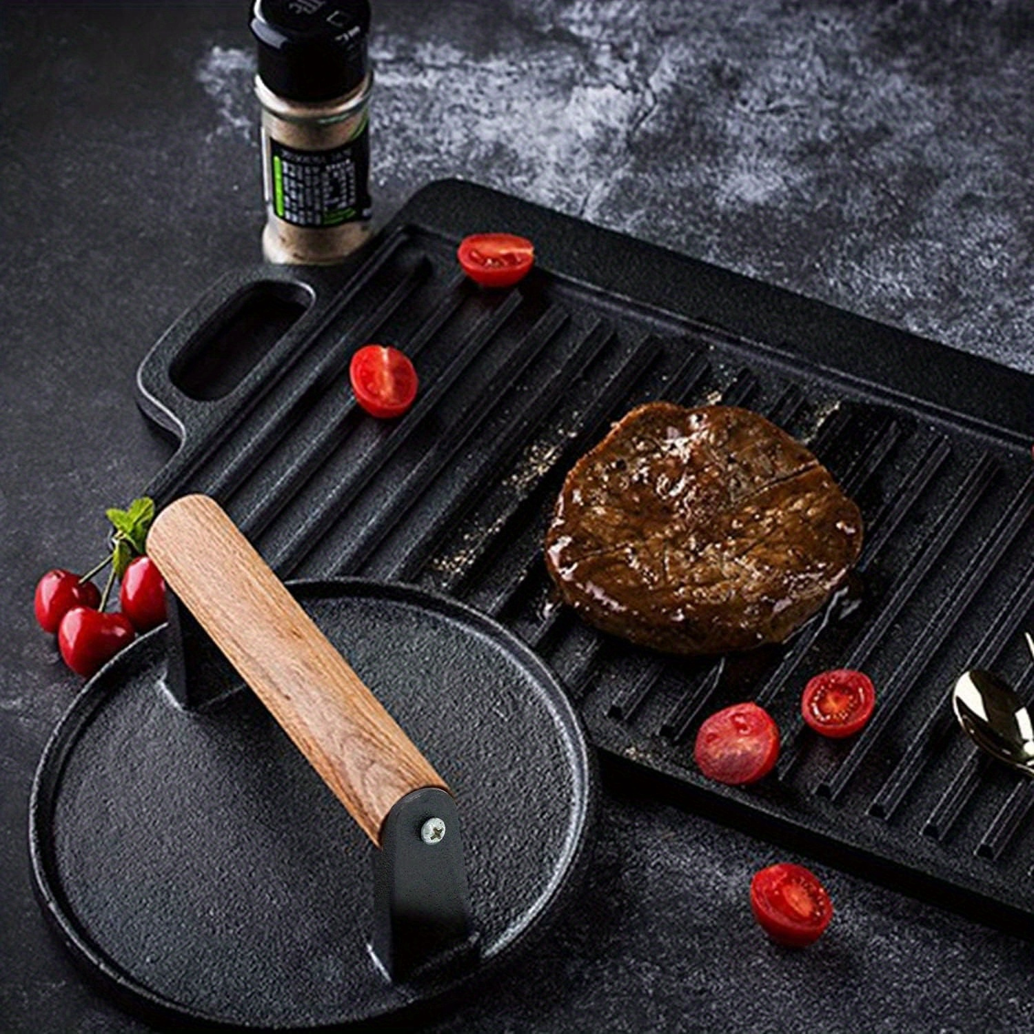 TEMU Round 7 Inch Cast Iron Grill Press With Wooden Handle - Heavy-duty Burger Weight Press For Kitchen Use