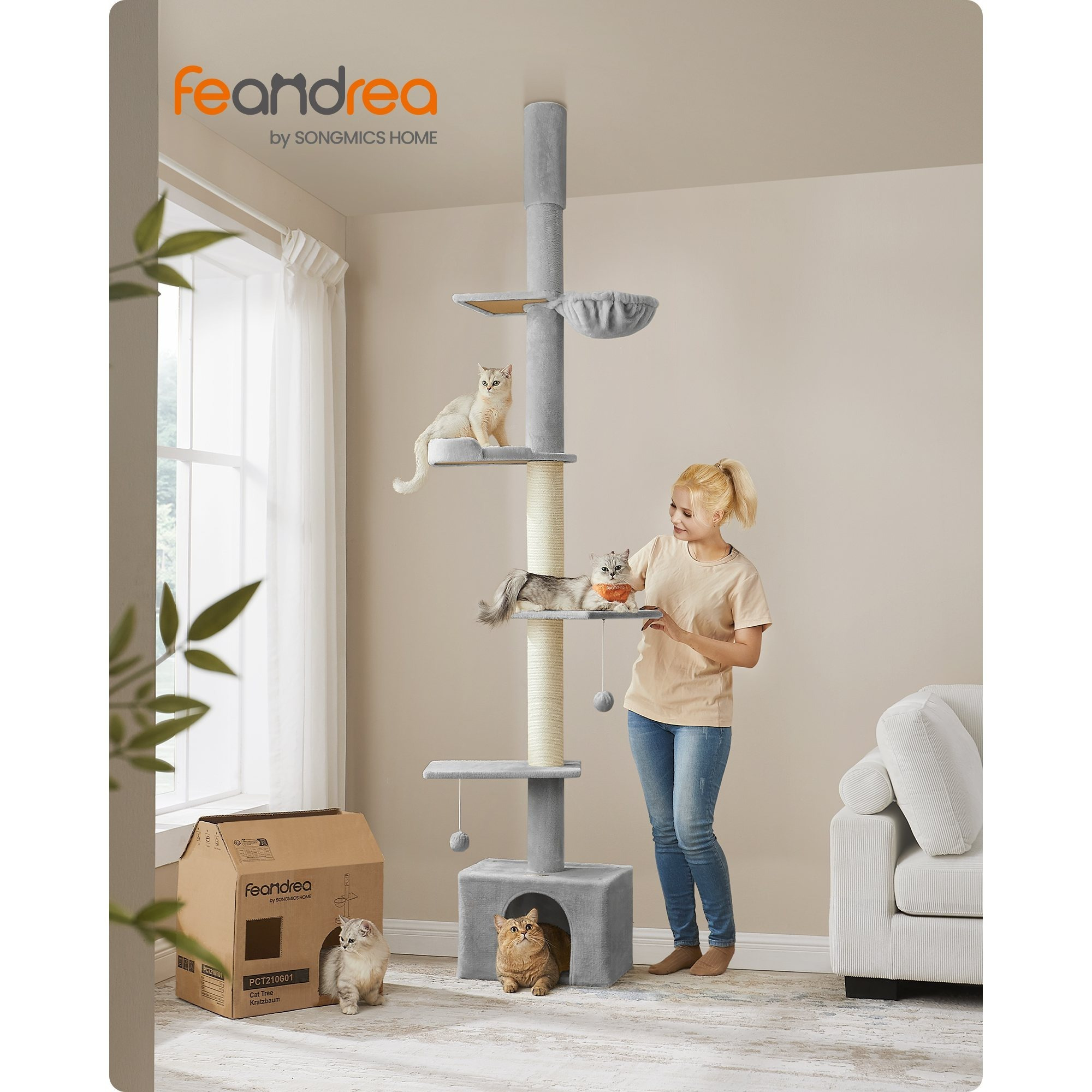 

Feandrea Cat Tree, Adjustable Height Scratching Post 231-291 Cm, Multi-level With Scratching Posts Dia. 11 Cm, , Platform