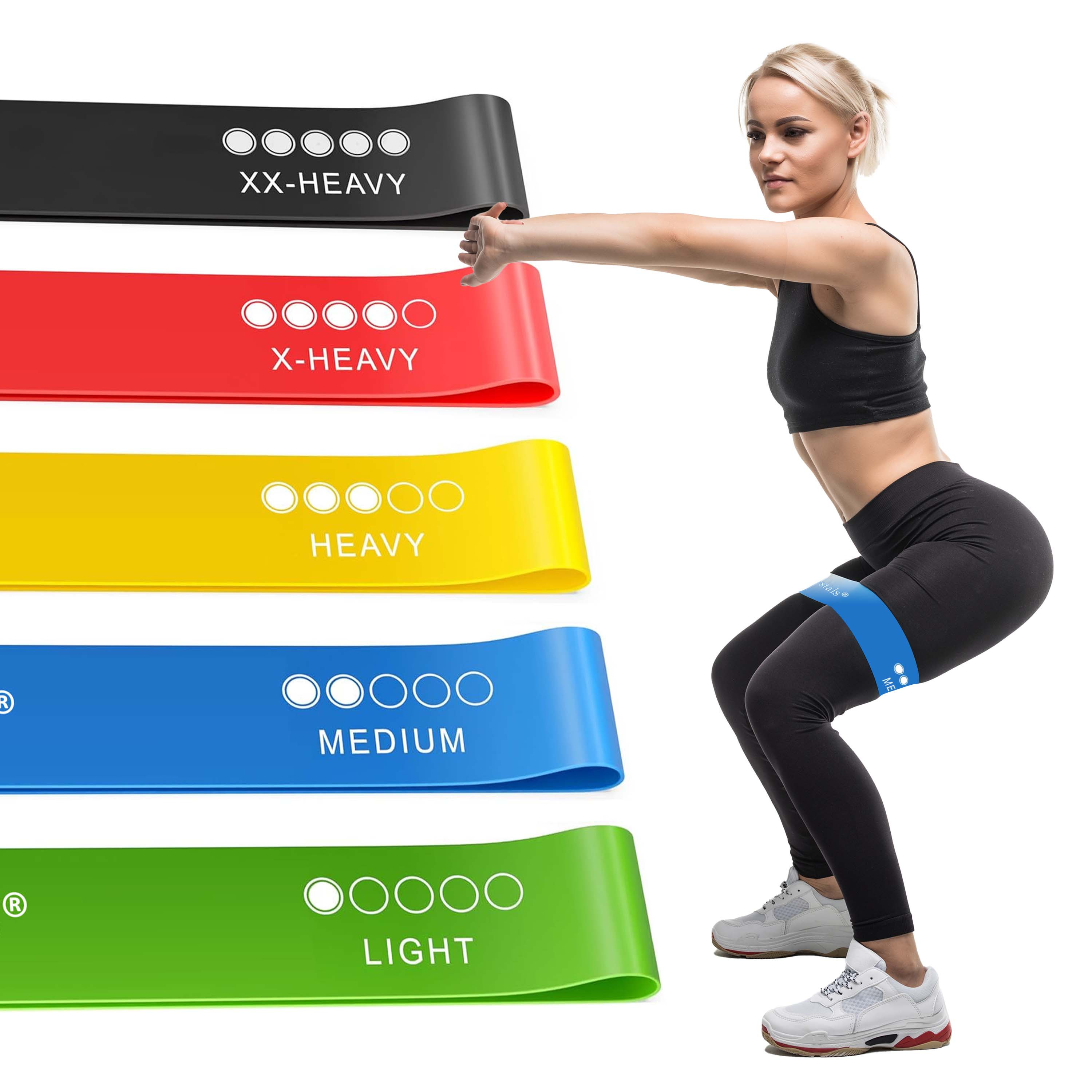 Resistance Bands, Set of 5 Skin-Friendly Resistance Fitness Exercise Loop Bands with 5 Different Strength Levels - Carrying Case Included - Ideal for Home, Gym, Yoga, Training
