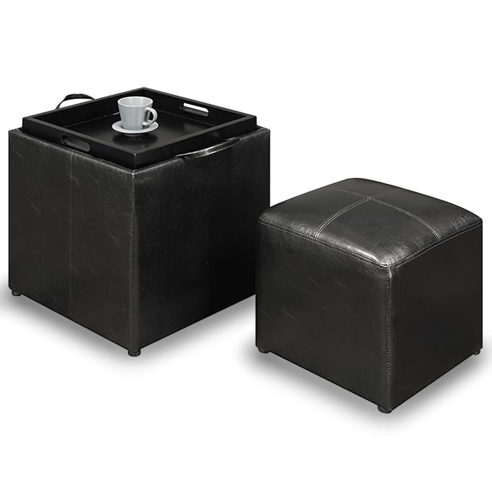 TEMU Bakaji Set Of 2 Black Storage Ottomans With Lid 2 In 1 Transformable Serving Tray, Multipurpose Stool With Compartment Comfortable Padding