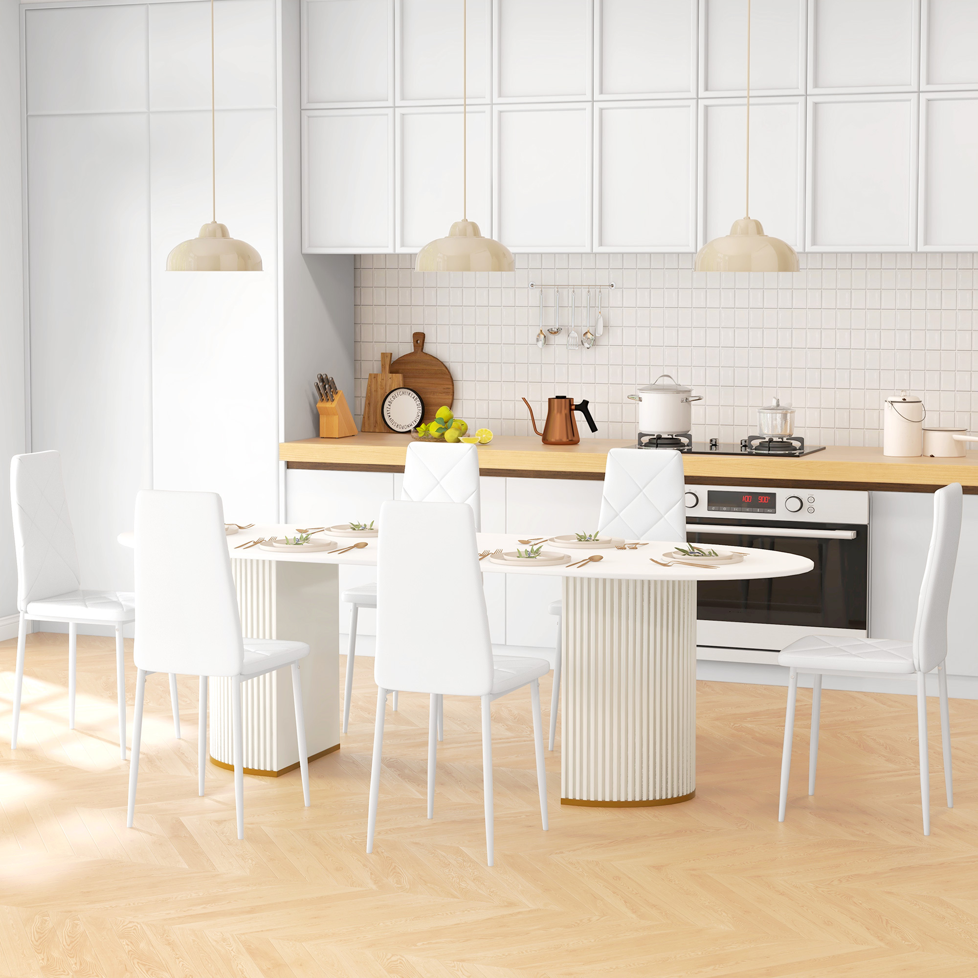 Homcom Set Of 6 Upholstered Dining Chairs With High Backrest, Leather Diamond Kitchen Chairs With Non-slip Feet And Steel Legs For Living Room, 41x50x97 Cm, White