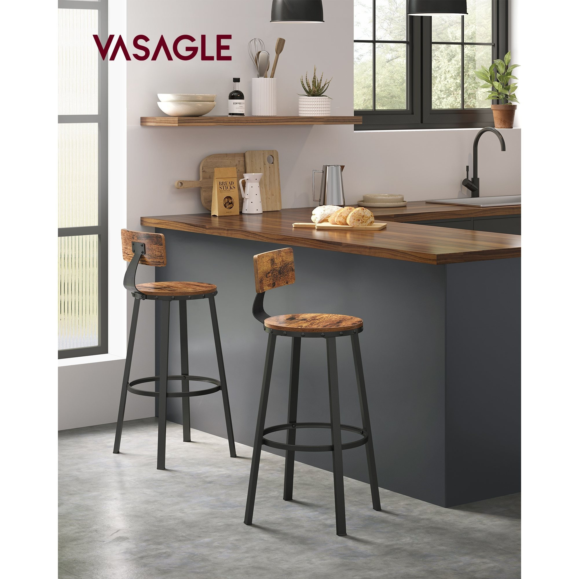 TEMU Vasagle Set Of 2 Stools With Backrest, , Seat Height 73.2 Cm, Easy , Industrial, Rustic