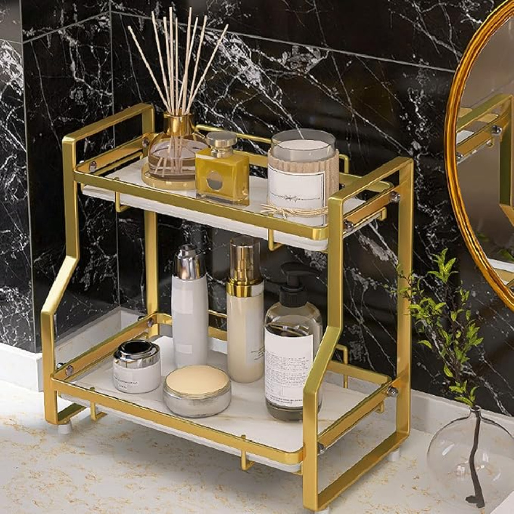 TEMU Bathroom Countertop Organizer With Tray, 2 Tier Makeup Organizer Wire Vanity Tray, Cosmetic Storage Shelf Counter Standing Rack, Dresser,