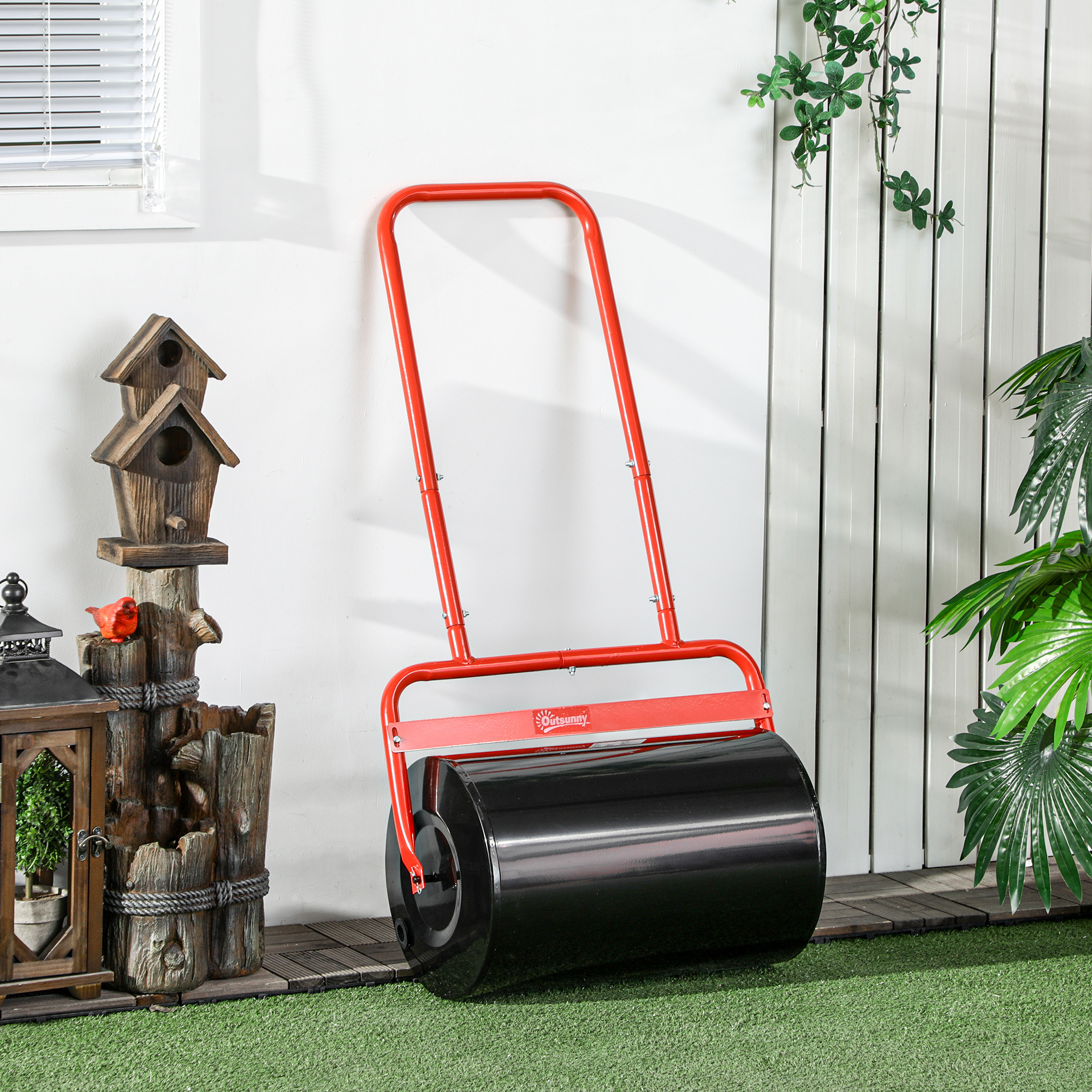 Lawn Roller 50cm Wide, Garden Roller Fillable With 38l Water / 62 Kg Sand, Hand Roller With U-shaped Handle, Steel Lawn Roller, Field Roller, Red