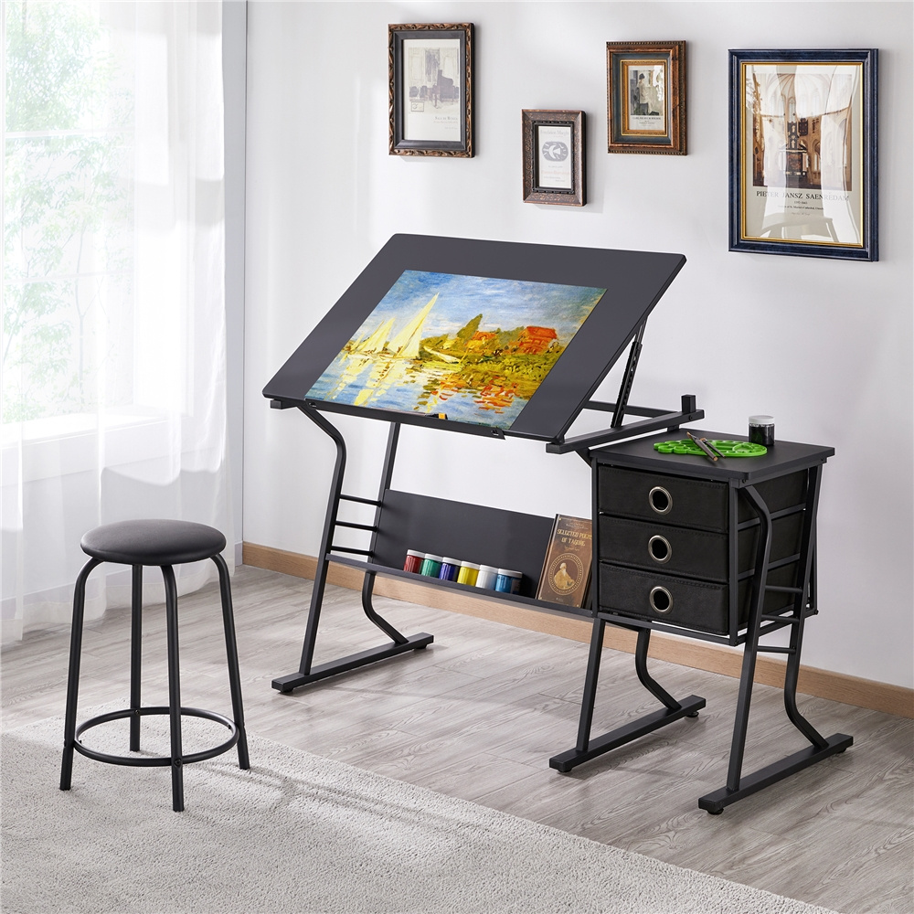 Image of Costoffs Desk Set Side Table Desk With 3 Drawers Round Chair Shelf And Tilt Tabletop For Reading Painting Writing