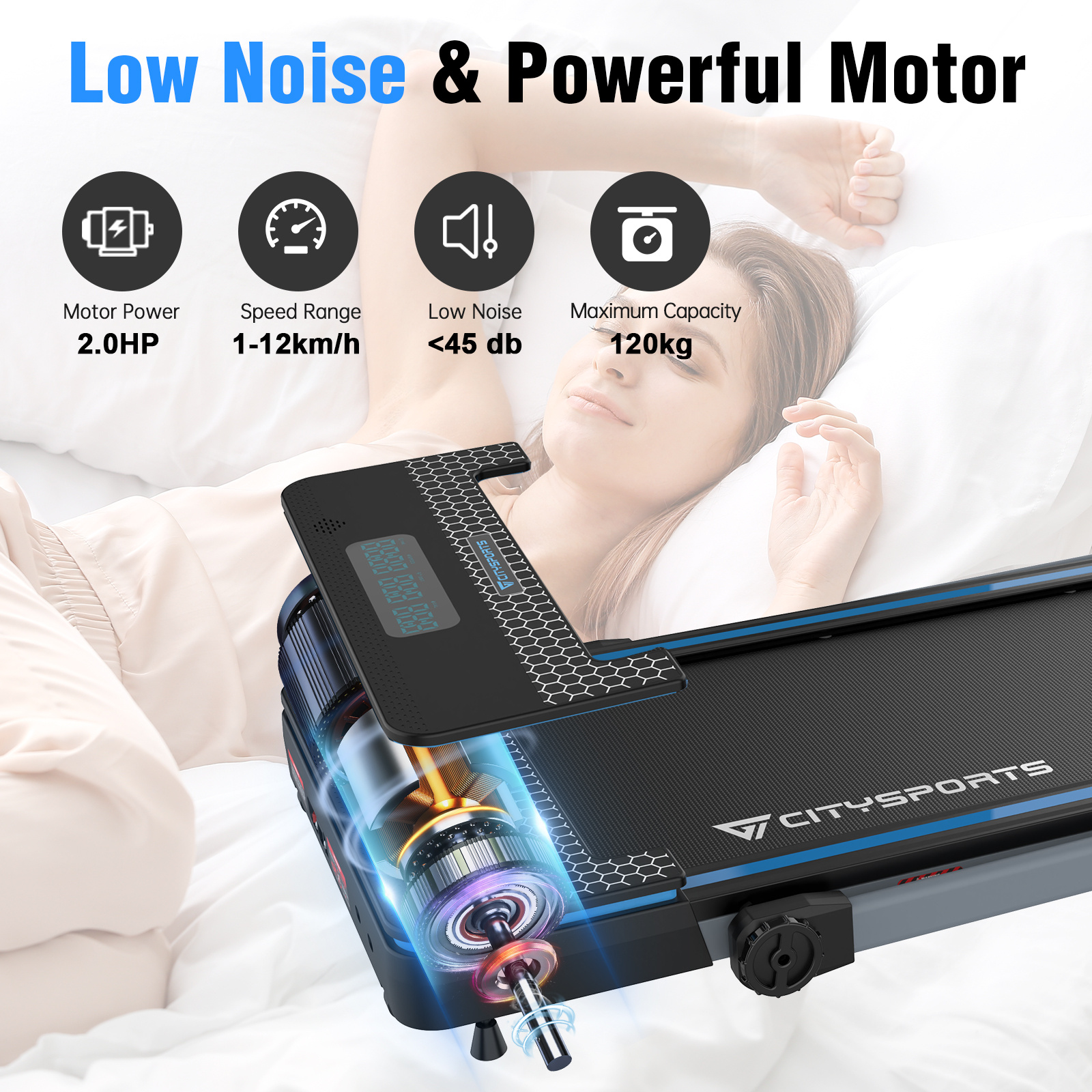 CITYSPORTS Walking Pad Treadmill for Home/Office with Remote Control and LED Display, Easy to Move, Double Shock Absorption, Low Noise, Sturdy Build, 1-12KM/H Adjustable Speed, No Assembly, Space Saving, 2.0HP Folding Treadmill with APP, Treadmills For Home Exercise