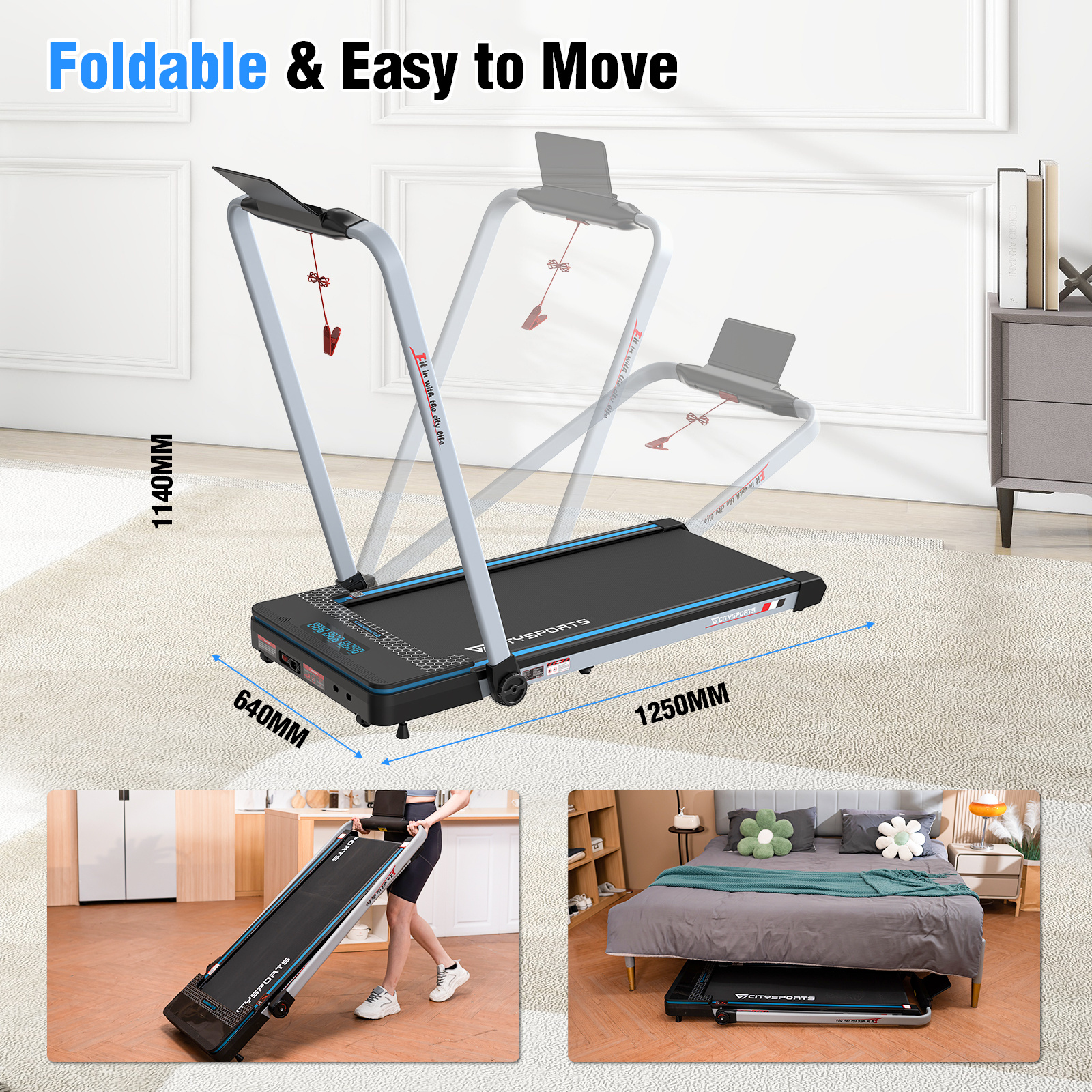CITYSPORTS Walking Pad Treadmill for Home/Office with Remote Control and LED Display, Easy to Move, Double Shock Absorption, Low Noise, Sturdy Build, 1-12KM/H Adjustable Speed, No Assembly, Space Saving, 2.0HP Folding Treadmill with APP, Treadmills For Home Exercise