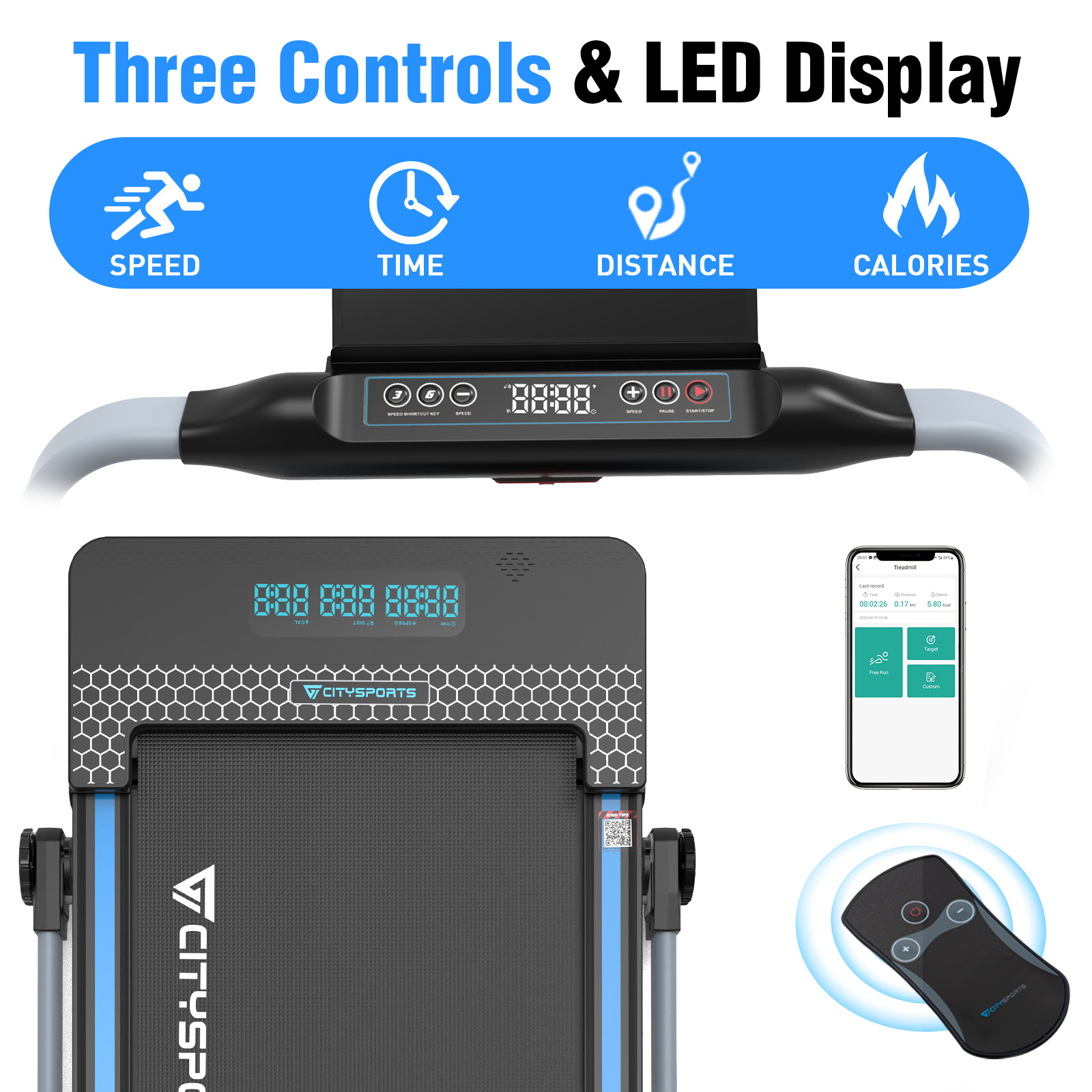 CITYSPORTS Walking Pad Treadmill for Home/Office with Remote Control and LED Display, Easy to Move, Double Shock Absorption, Low Noise, Sturdy Build, 1-12KM/H Adjustable Speed, No Assembly, Space Saving, 2.0HP Folding Treadmill with APP, Treadmills For Home Exercise