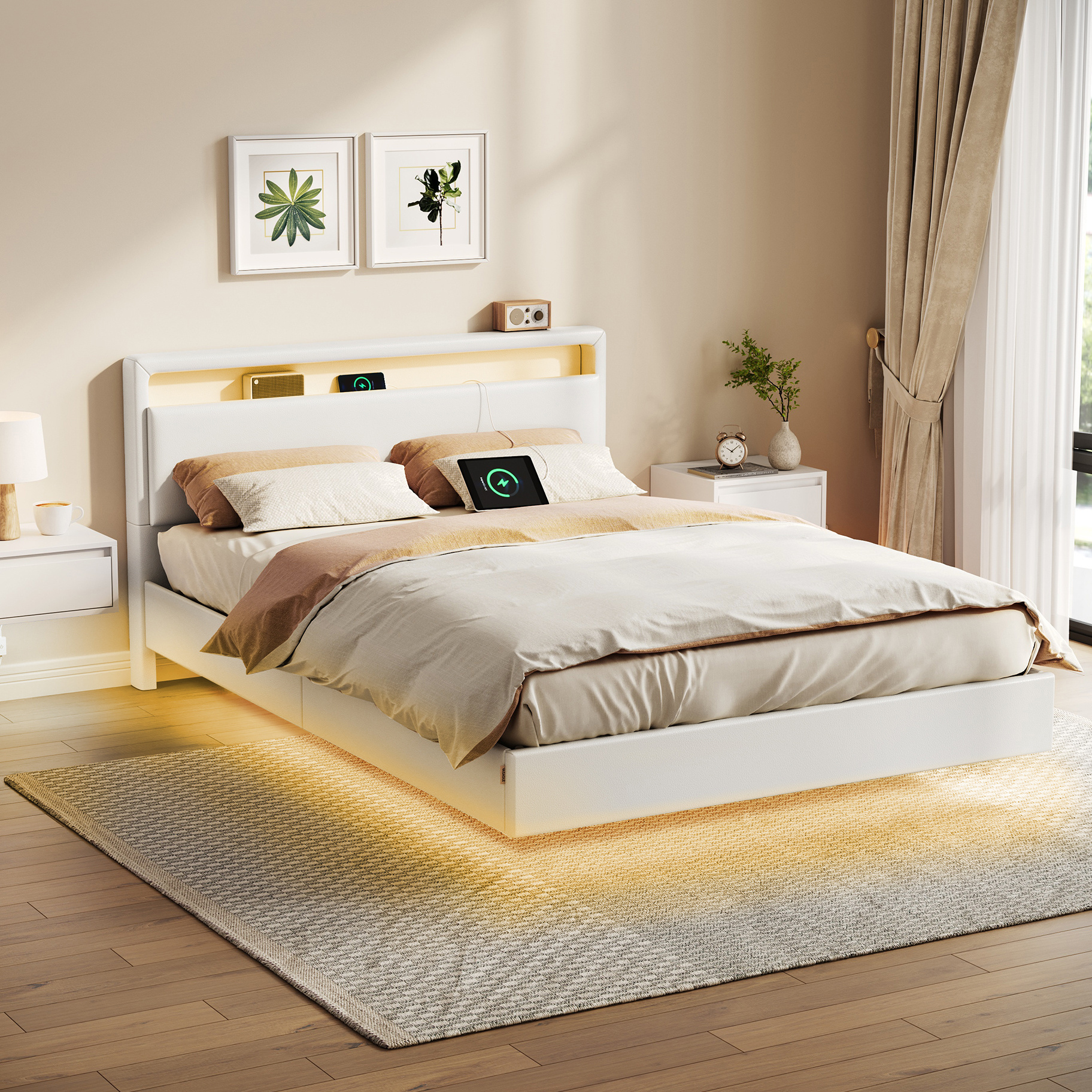 E-shop Bettgestell, Doppelbettgestell, 140/160 x 200 cm, schwebender visueller Effekt, Bett mit LED-Beleuchtung, hohem Kopfteil, Ladestation, modern,