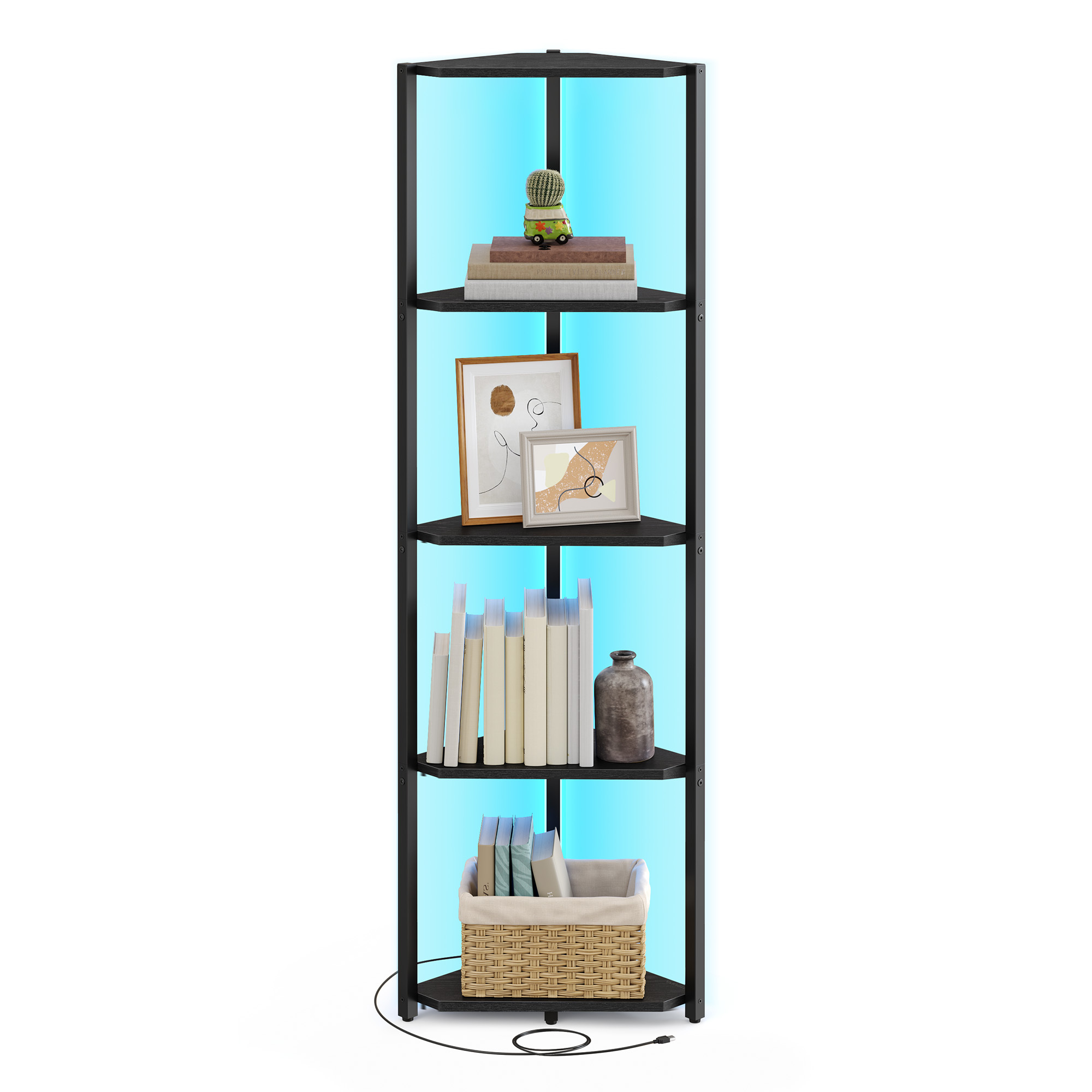 Image of Corner Shelf With 5 Tiers, Adjustable Led Lighting, Bookshelf, 24.8 X 48 X 146.6 Cm, For Living Room, Bedroom, Study