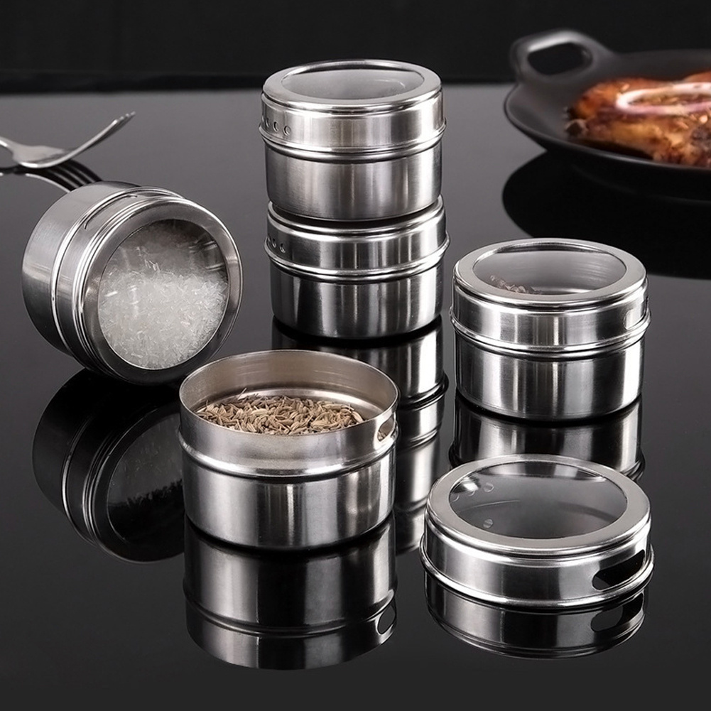 TEMU 6pcs Stainless Steel Magnetic Spice Rack Pot Tin Jar Storage Cook Stand Round Jars Set Spice Tins W/ Tray Holder