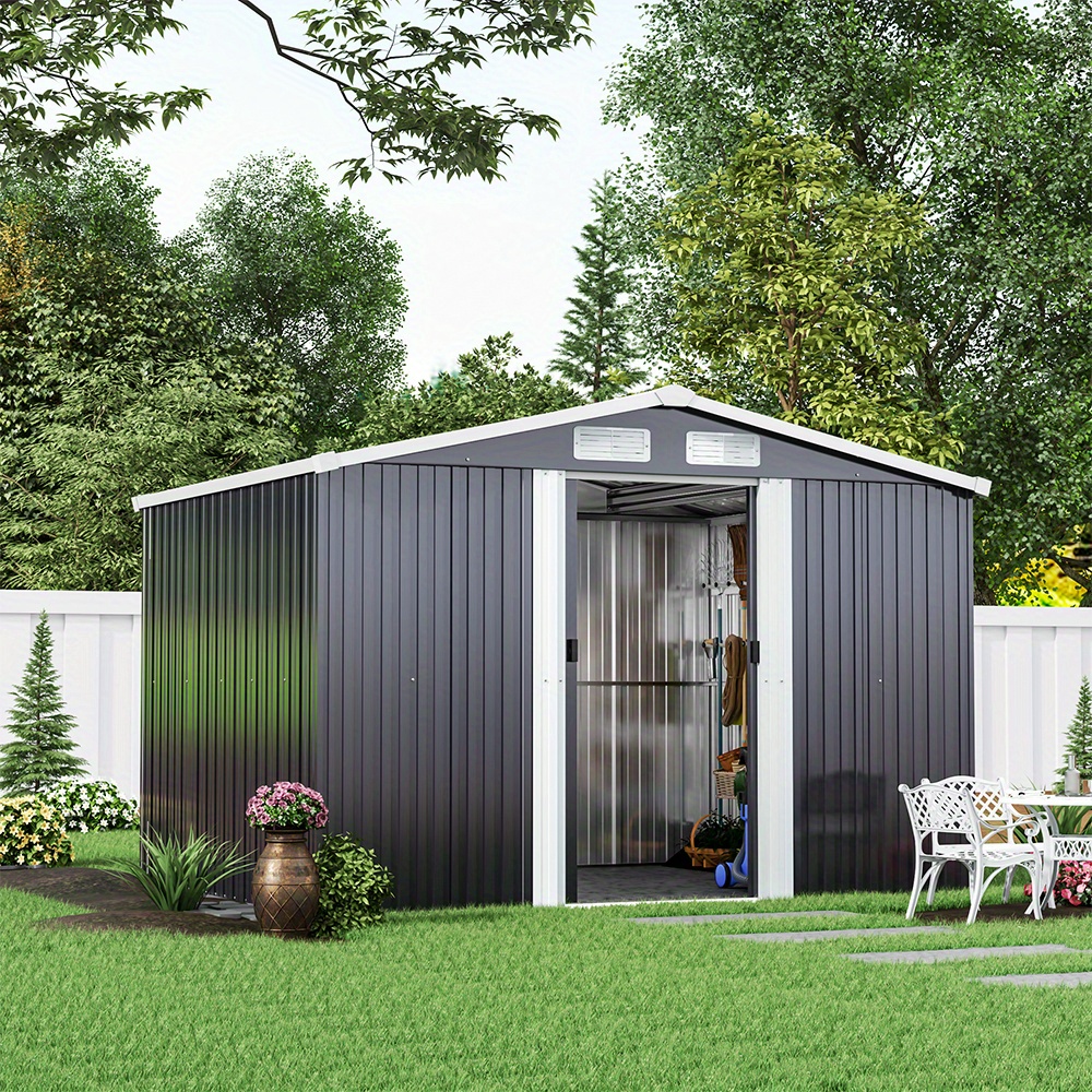 TEMU 8*6 Ft Outdoor Storage Shed - Includes Foundation, Outdoor Storage Room, Metal Garden Shed With Top For Log, Trash Bin, Tools, Lawn Mower, Bike