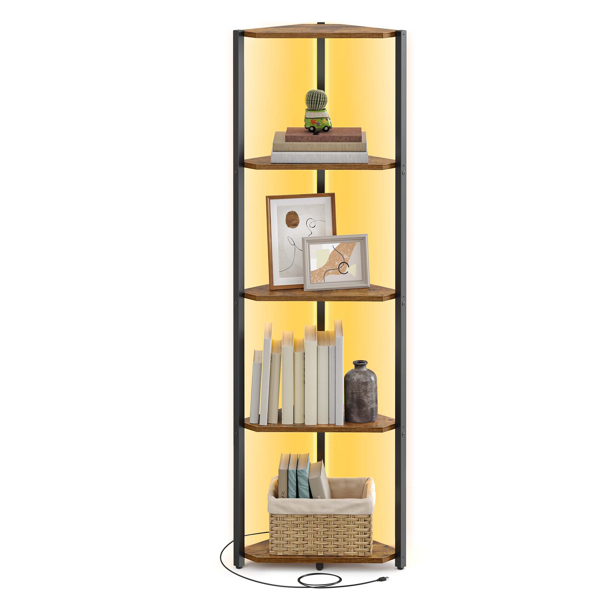 E-shop Eckregal mit 5 Ebenen, Bücherregal mit Einstellbarer LED-Beleuchtung, Regal mit Stahlrahmen, 24,8 x 48 x 146,6 cm, für Wohnzimmer, Schlafzimmer,
