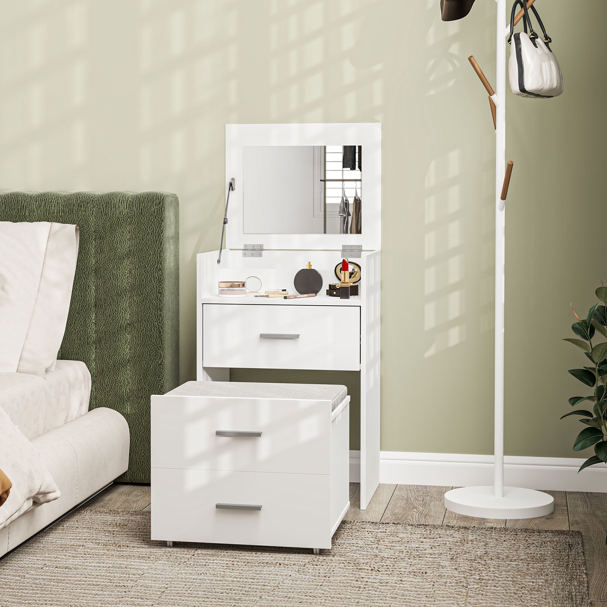 Image of Makeup Station With Foldable Mirror, Stool With Wheels And 2 Drawers, Makeup Vanity In Mdf And Stool With Removable And Washable Velvet Effect Fabric Cushion, White