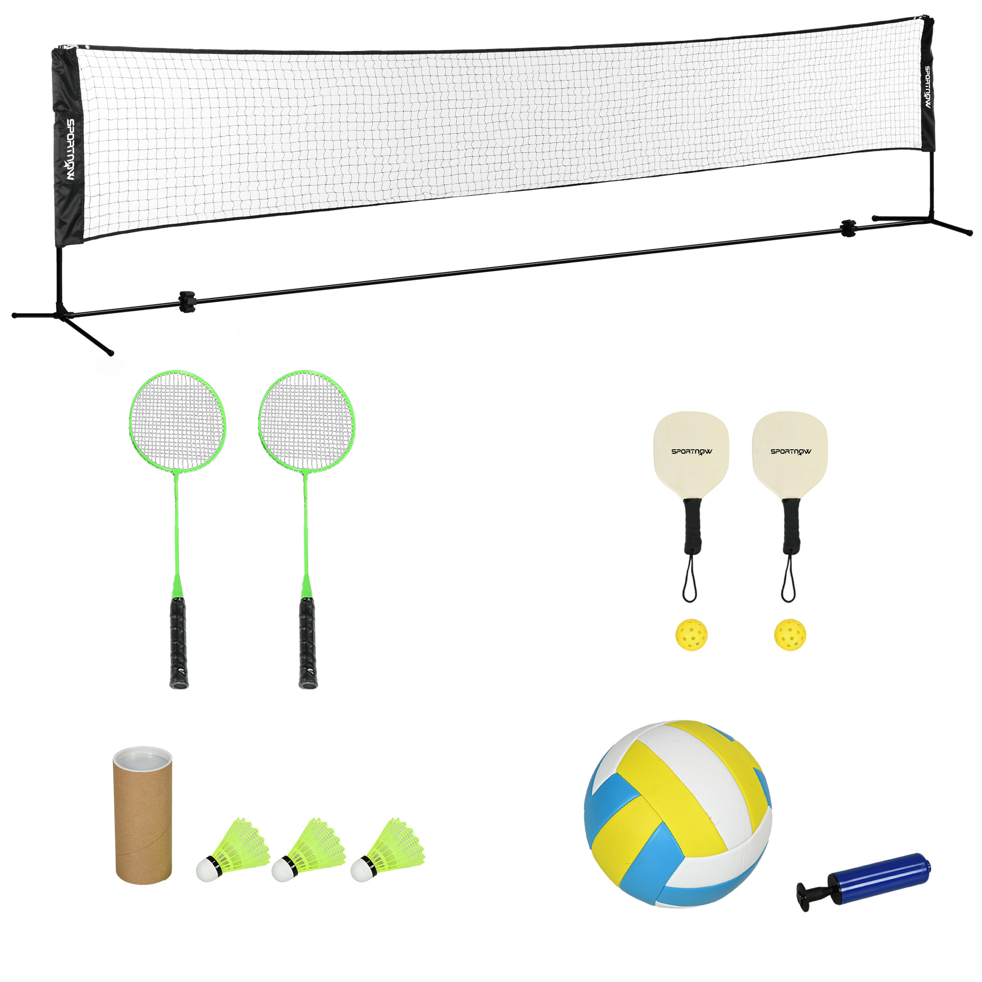 Image of Sportnow Complete Set For Badminton, Pickleball And Volleyball, 3 In 1, Outdoor Sports Games With Adjustable Height Net 107-155 Cm