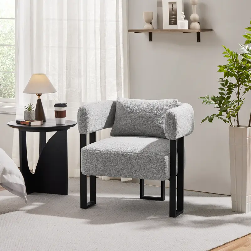 boucle accent chair upholstered armchair vanity chair with throw pillow adjustable feet for living room bedroom home office small grey details 0