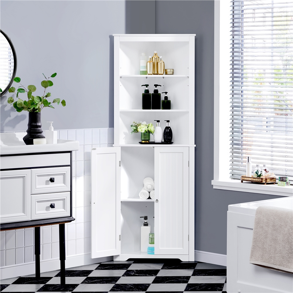 E-shop Costoffs Eckschrank Badezimmerschrank Hochschrank mit verstellbaren Fächer Eckregal Standregal viel Stauraum und 2 Türen Dreieckiger Badkommode