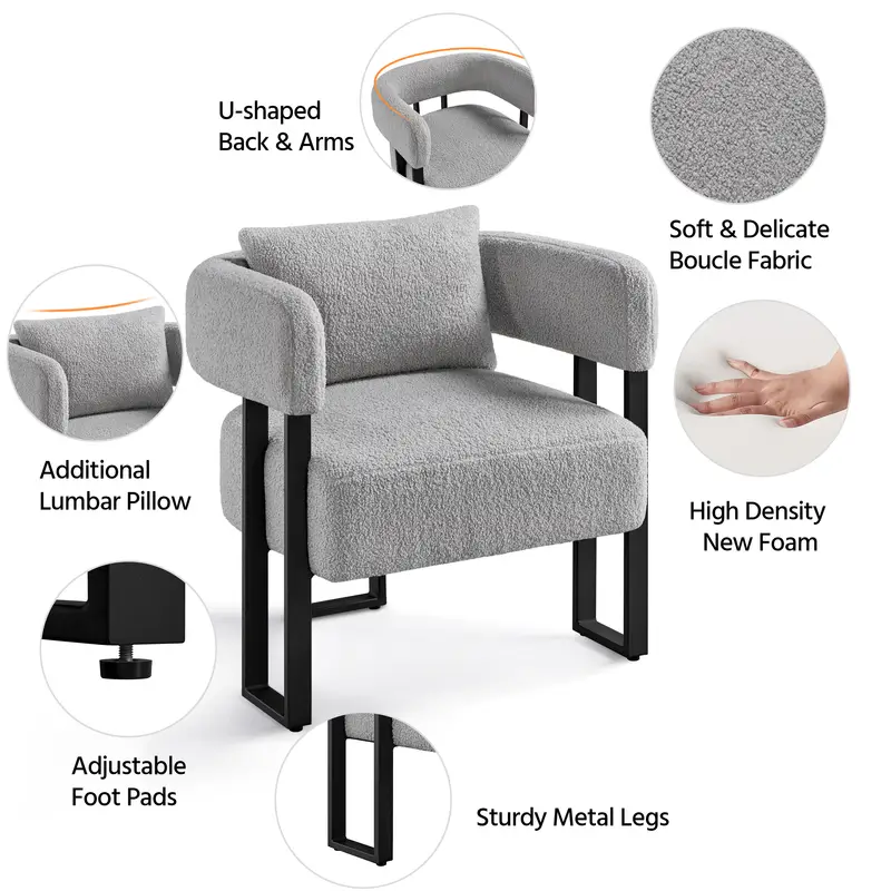 boucle accent chair upholstered armchair vanity chair with throw pillow adjustable feet for living room bedroom home office small grey details 1