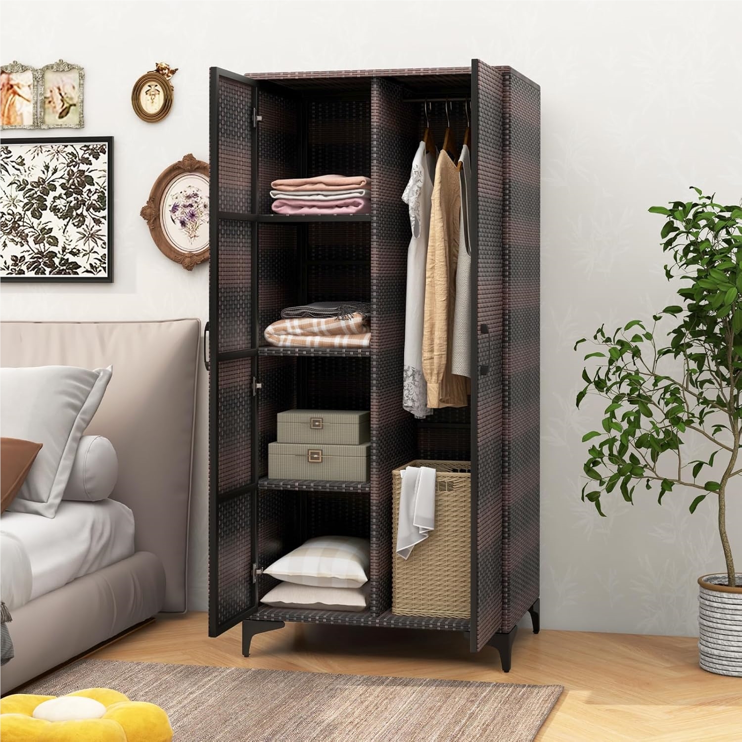 Image of Cabinet, Outdoor Storage Cabinet With Hanging Rod & 2 Doors, Weatherproof Terrace Cabinet, Rattan Cabinet For Garden, Bedroom, 72 X 50 X 157cm Brown