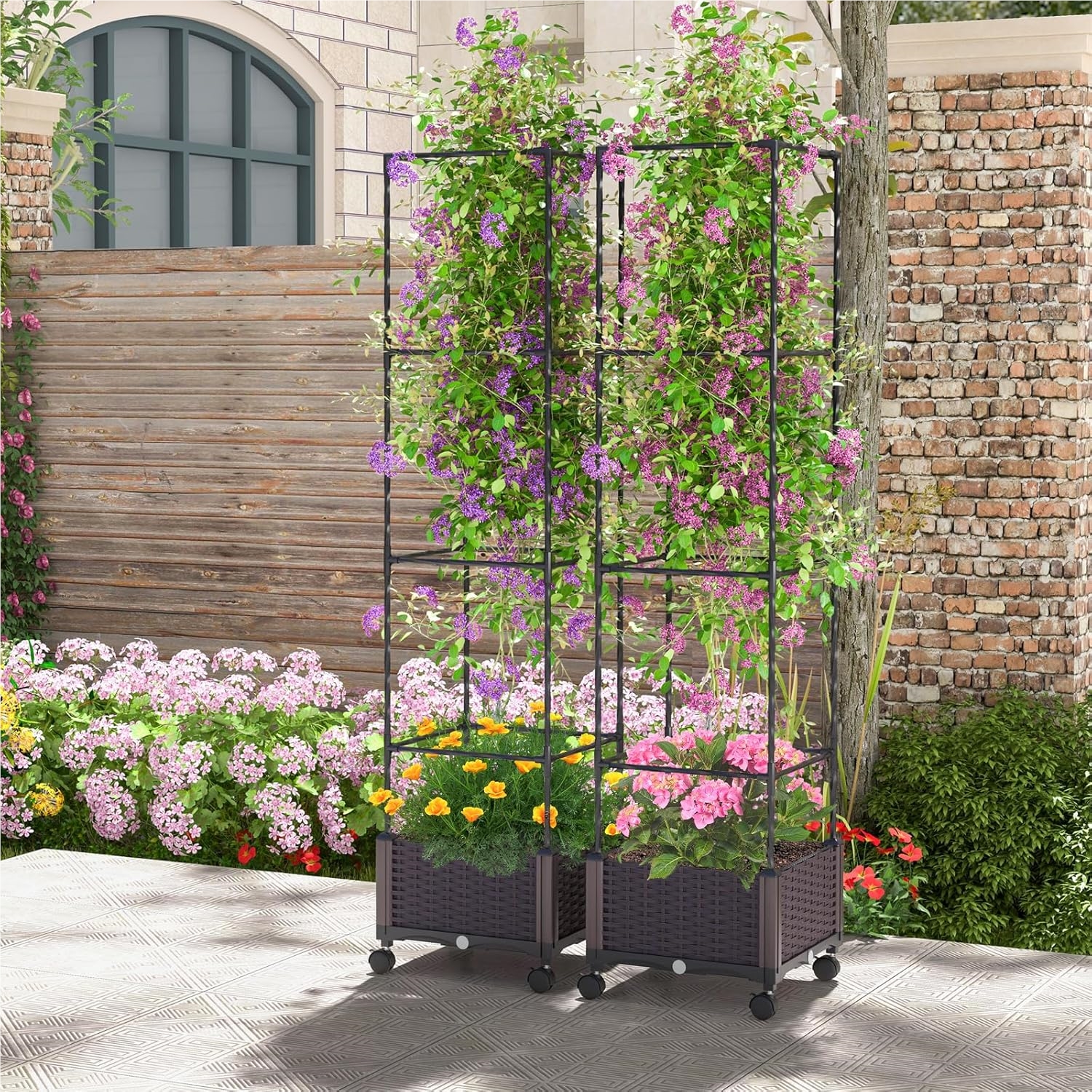 Image of Plant Support With Flower Box On Wheels, Garden Obelisk Height Adjustable, Coated Metal & Pp, Trellis With Plant Box & Self-watering, For Climbing Plants And Flowers, 40x40x170cm