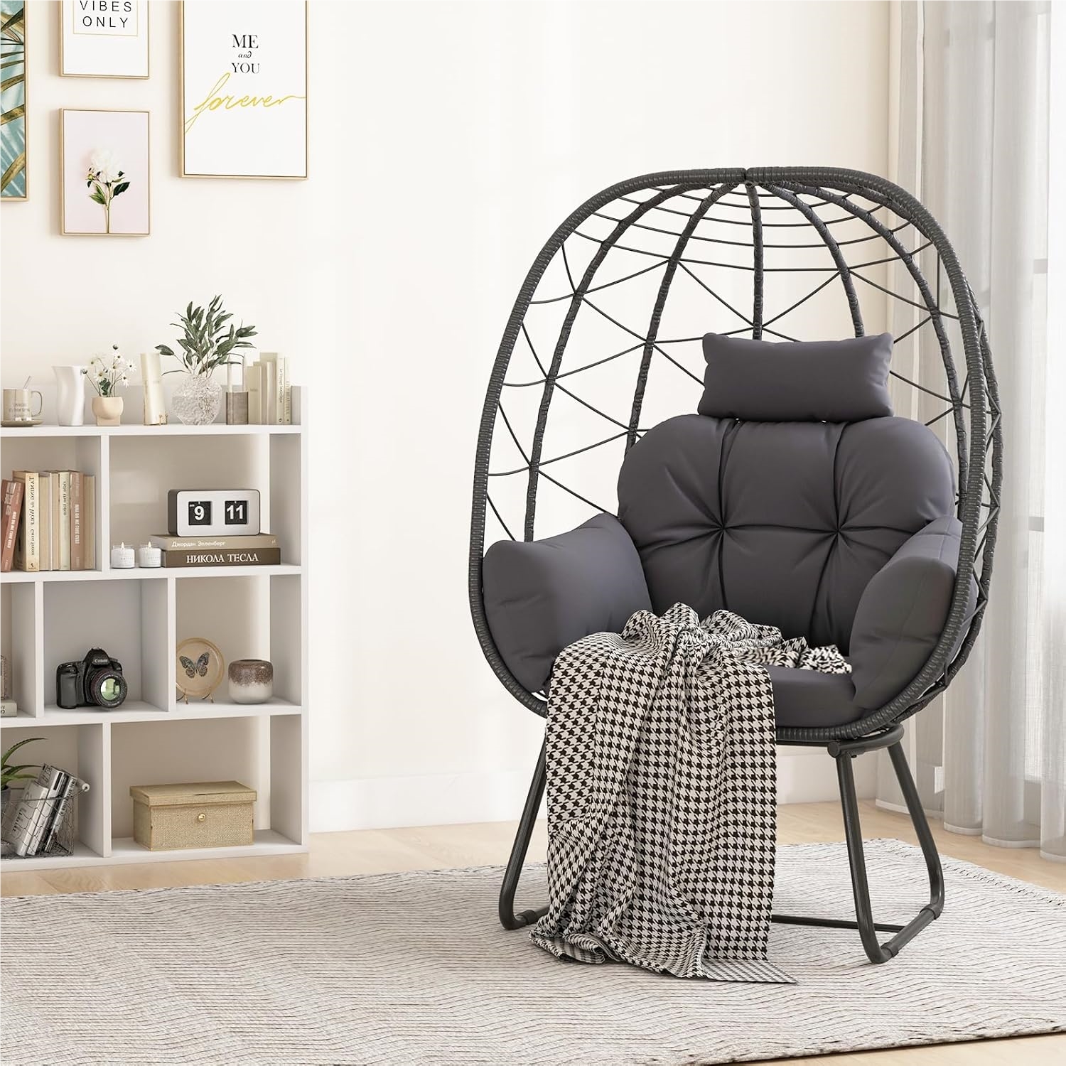 Image of Wicker Rattan, Oversized Lounge Chair With Removable Cushion & Metal Frame, Garden Chair, Rattan Chair For Balcony, Garden, Terrace, Living Room Grey
