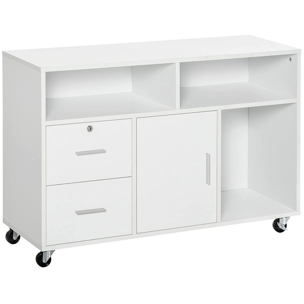 Bakaji Mobile Wooden Printer Stand With 3 Shelves, 2 Locking Drawers And 1 Cabinet With Compartments, Office File Storage With Casters, 100x35x65cm