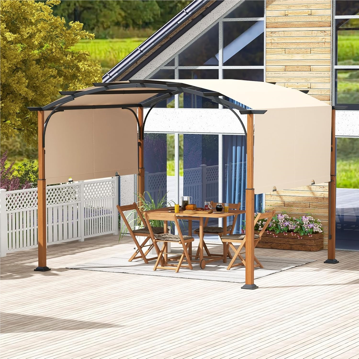 Image of Pergola With Retractable Roof, 3.6x3m Waterproof Stable Winter-proof, Garden With Metal Columns For Terrace, Garden, Deck Beige