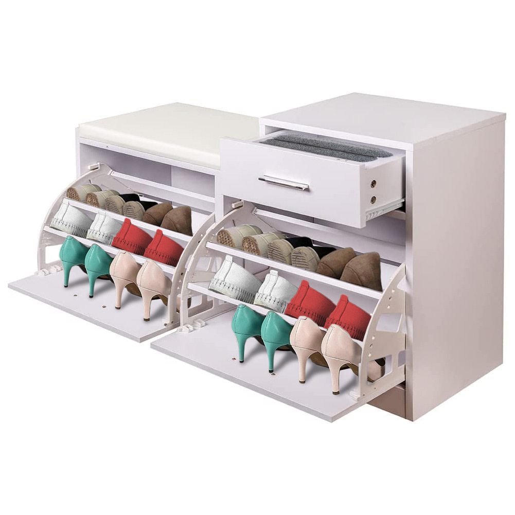 Bakaji Mobile Shoe Rack, Padded Bench, Space- Slim, Folding Door, Compact Size, White, Dimensions 94.5x57x30 Cm