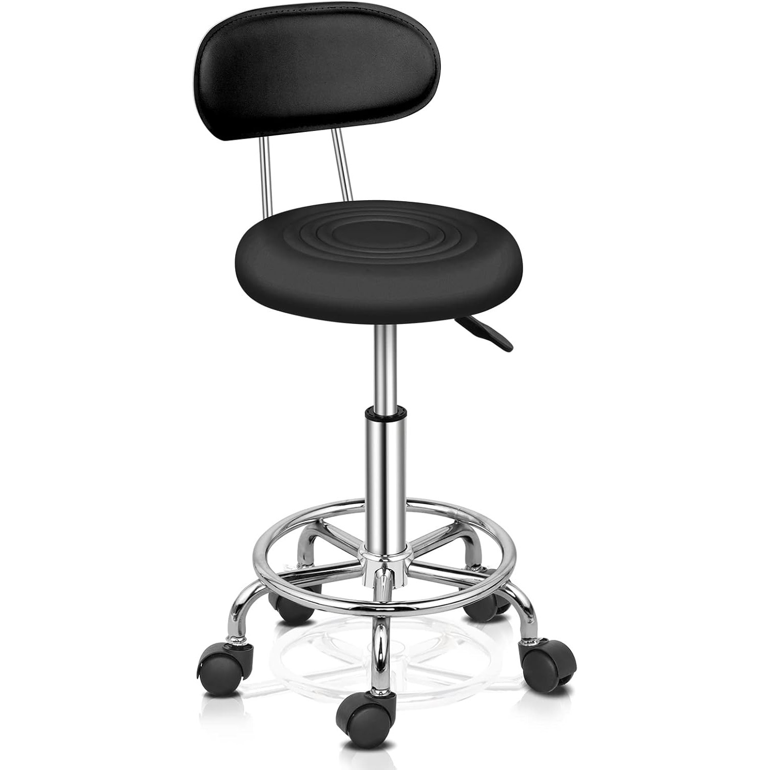 E-shop Professioneller Rollhocker mit Rückenlehne, Bürohocker 360° drehbar und höhenverstellbar 48-58 cm, PU-Beschichtung, für Massagesalon, Maniküre