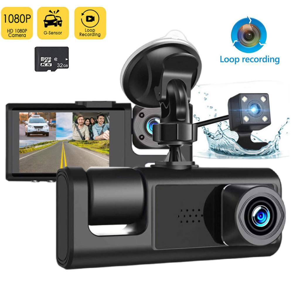 

Enregistrement double HD 1080P et arrière avec carte haute + 32 Go, caméra de de bord 3 canaux avec vision IR, enregistrement , caméra DVR de avec 2.5 pouces (5.08 cm) écran IPS, 3 caméras