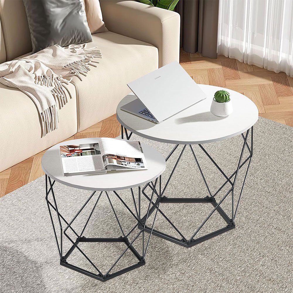 2er Set Side Table, Living Room Table With Basket Function, Round Coffee Table, Basket Table With Removable Table Top, Metal Tables For Living Room, Bedroom