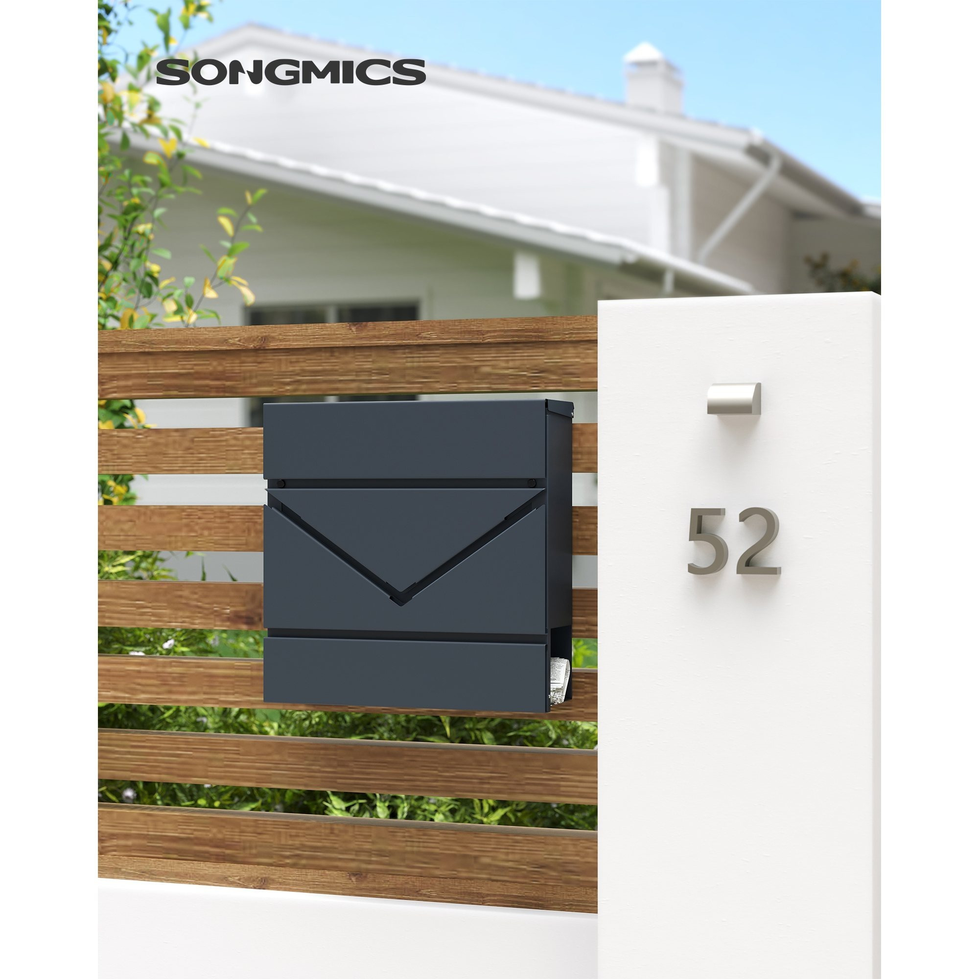 TEMU Songmics Mailbox, V-window, Wall-mounted, With Lock And Lid, Newspaper Holder, , Grey