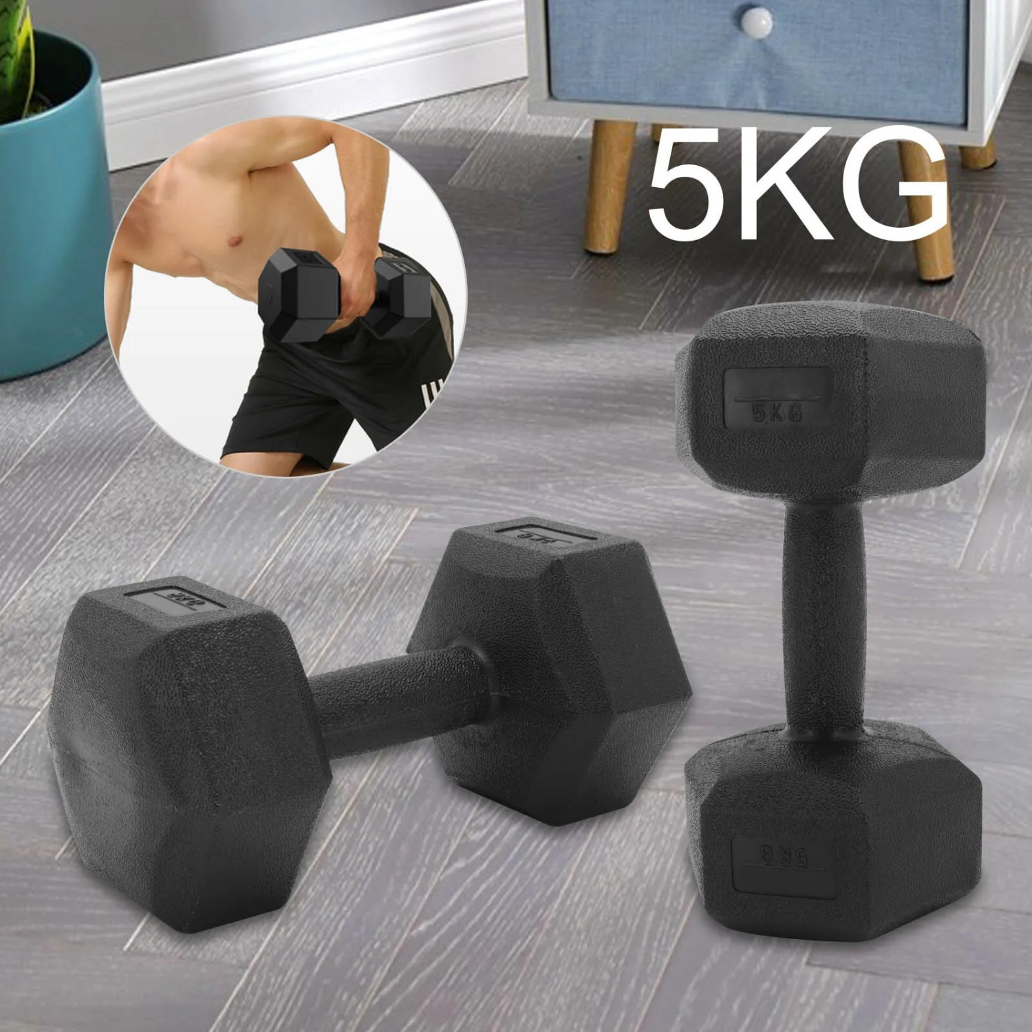 Hex Dumbbell Set of 2x5kg for Home Exercise
