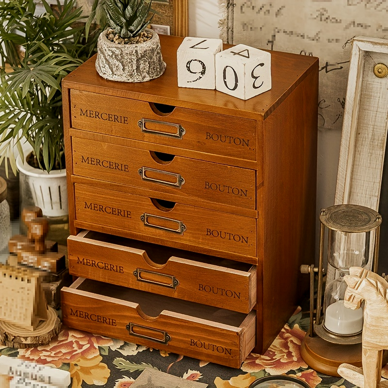 TEMU 5 Layer Wooden Vintage Stackable Storage Drawer Desktop Cabinet Jewellery School Dormitory Vanity Supplies Storage Boxes Home Decor