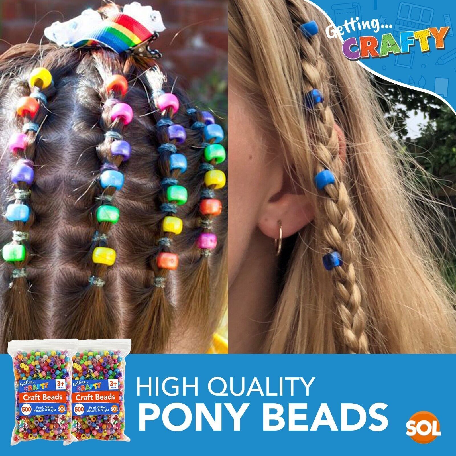 1,000 Mixed Pony Beads for Jewellery Making, Assorted Pearl, Glitter, Metallic & Solid Colours