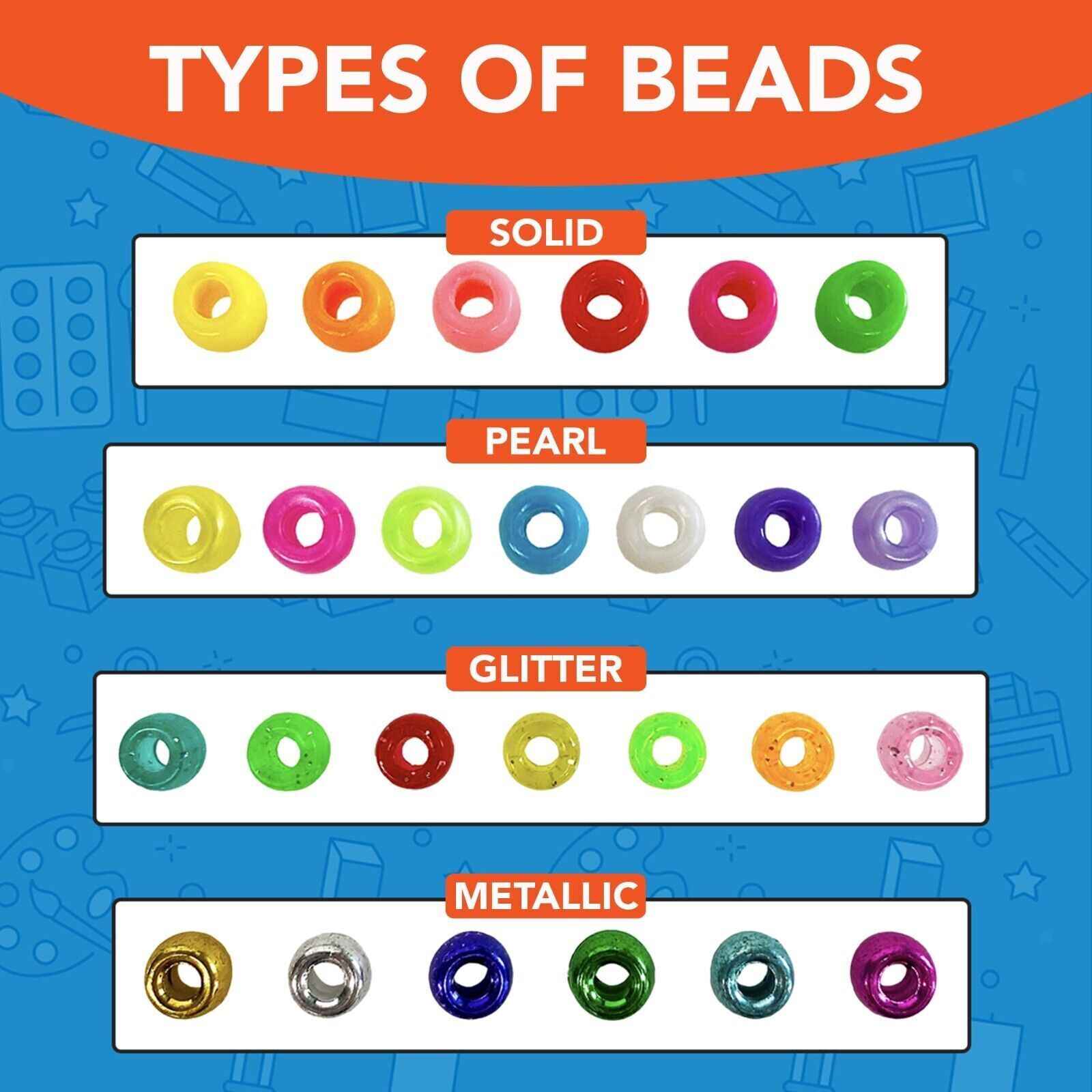1,000 Mixed Pony Beads for Jewellery Making, Assorted Pearl, Glitter, Metallic & Solid Colours
