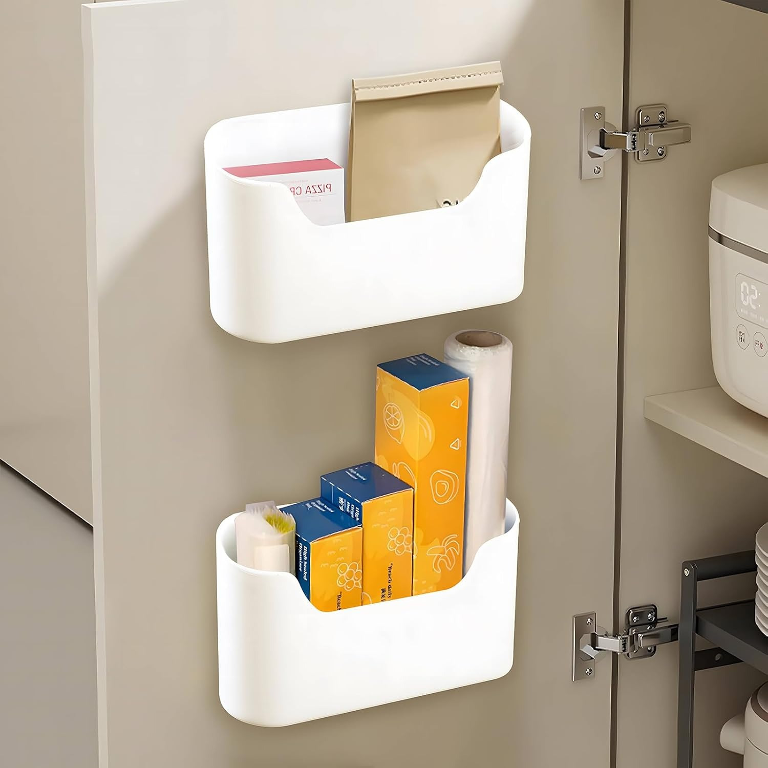 TEMU 2pcs Kitchen Storage Boxes, Kitchen Cabinet Door Storage Box, Self-adhesive Wall Storage Box, Wall Mounted Storage Box For Bathroom Fridge