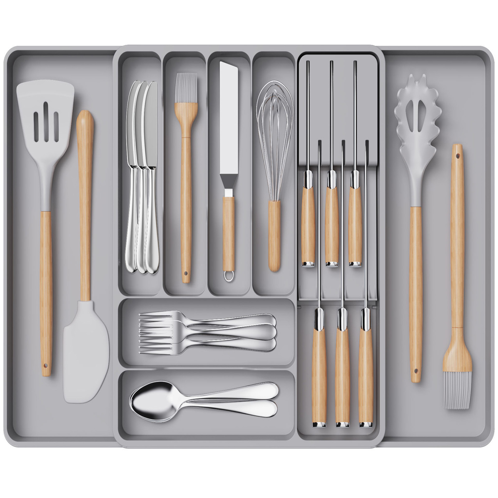 Image of Cutlery Insert For The Kitchen, Expandable Cutlery Tray With Removable Knife Block, Adjustable Accessory And Cutlery Tray, Plastic, Cutlery, Spoons, Forks, Large, Black