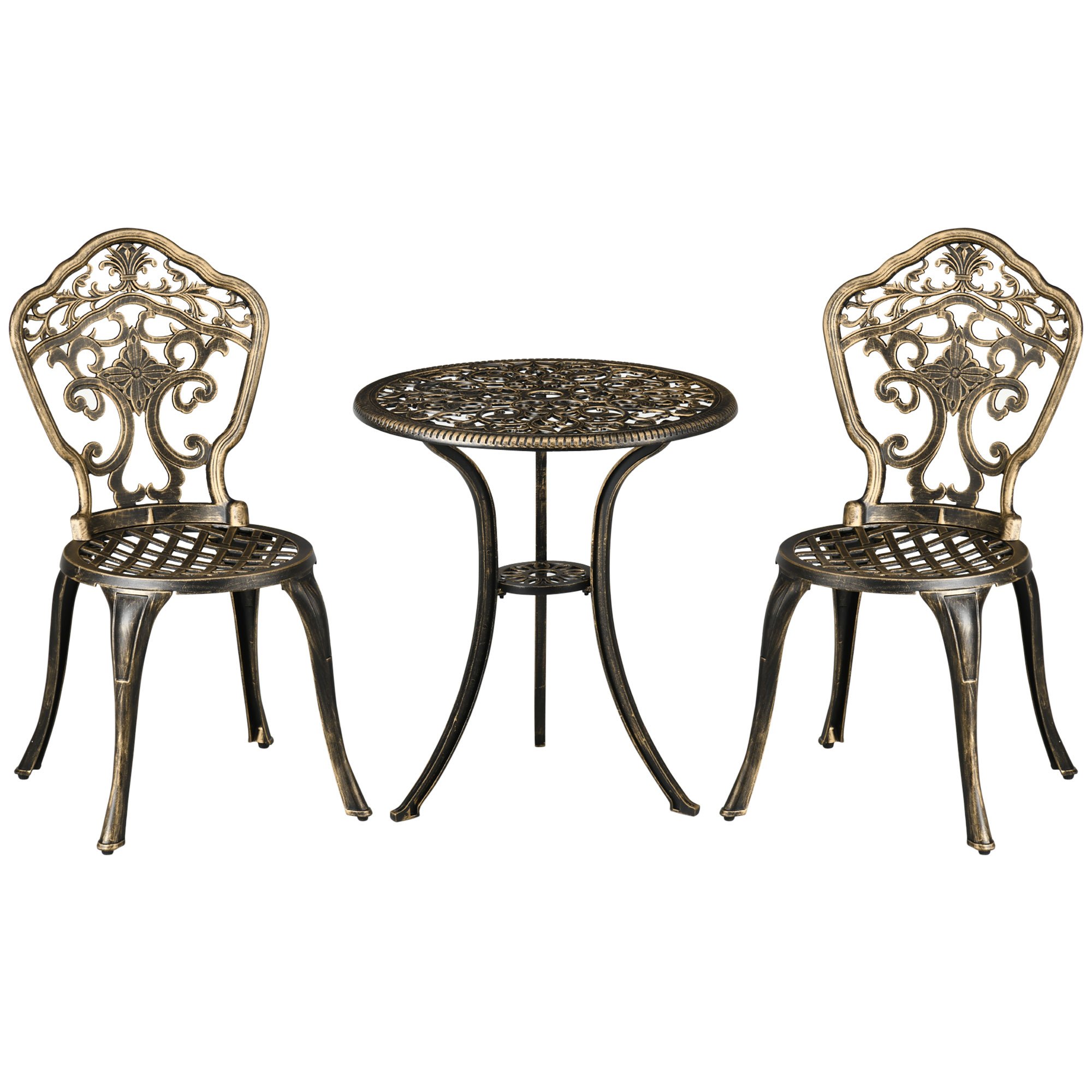 Image of Outsunny 3-piece Aluminum Garden Bistro Set, 2 Chairs + 1 Round Table, Wrought Iron Look