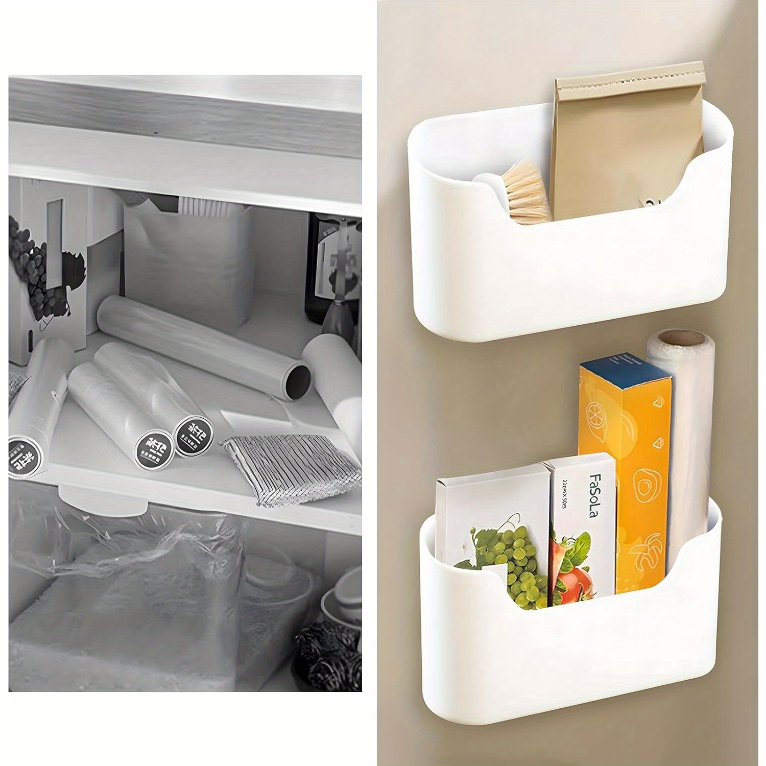 TEMU 2pcs Kitchen Storage Boxes, Kitchen Cabinet Door Storage Box, Self-adhesive Wall Storage Box, Wall Mounted Storage Box For Bathroom Fridge