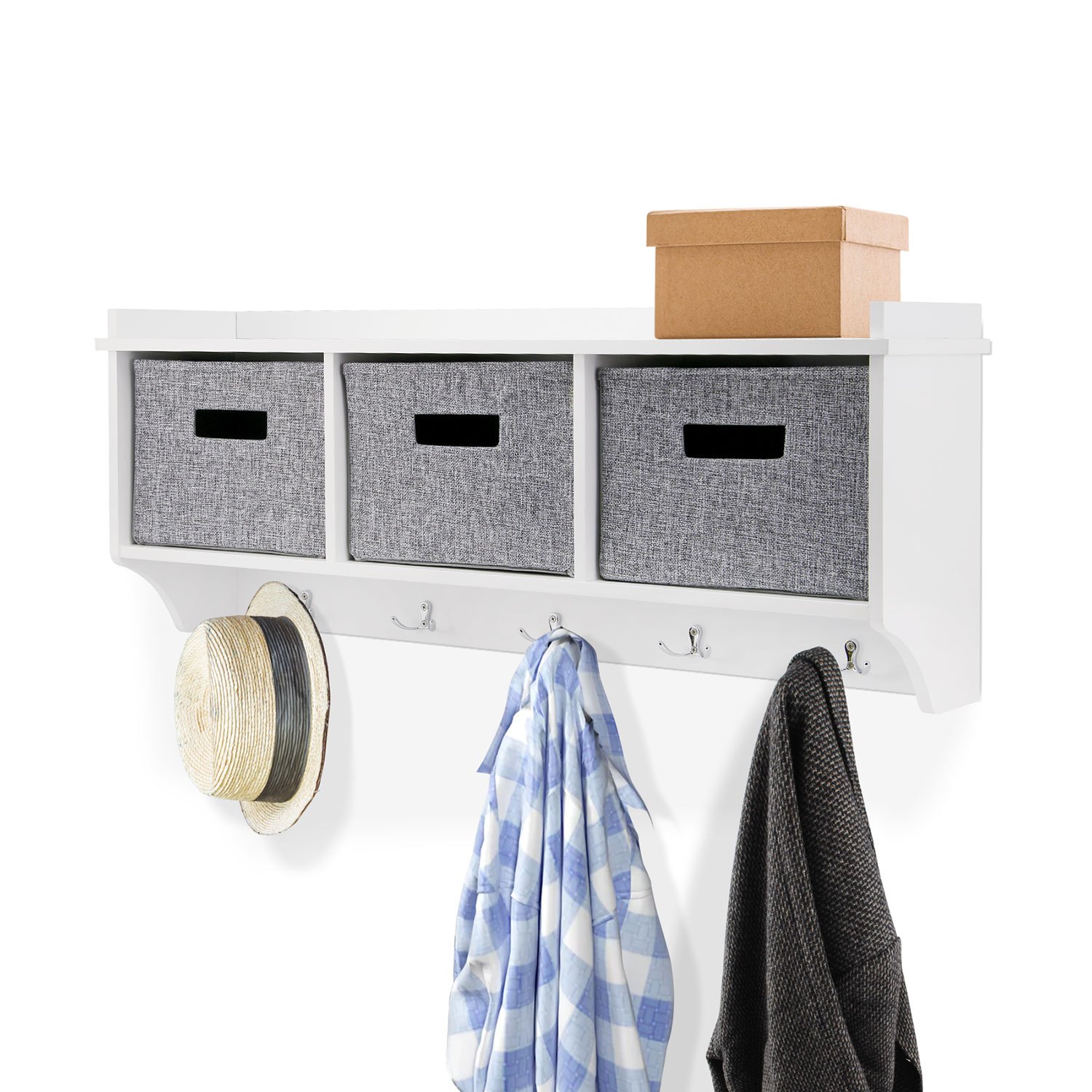 TEMU Taylor & Brown Wooden Wall Mounted Coat Rack Display Storage Unit Shelf Modern Hallway Organiser Hooks Stand Hat With Fabric Baskets