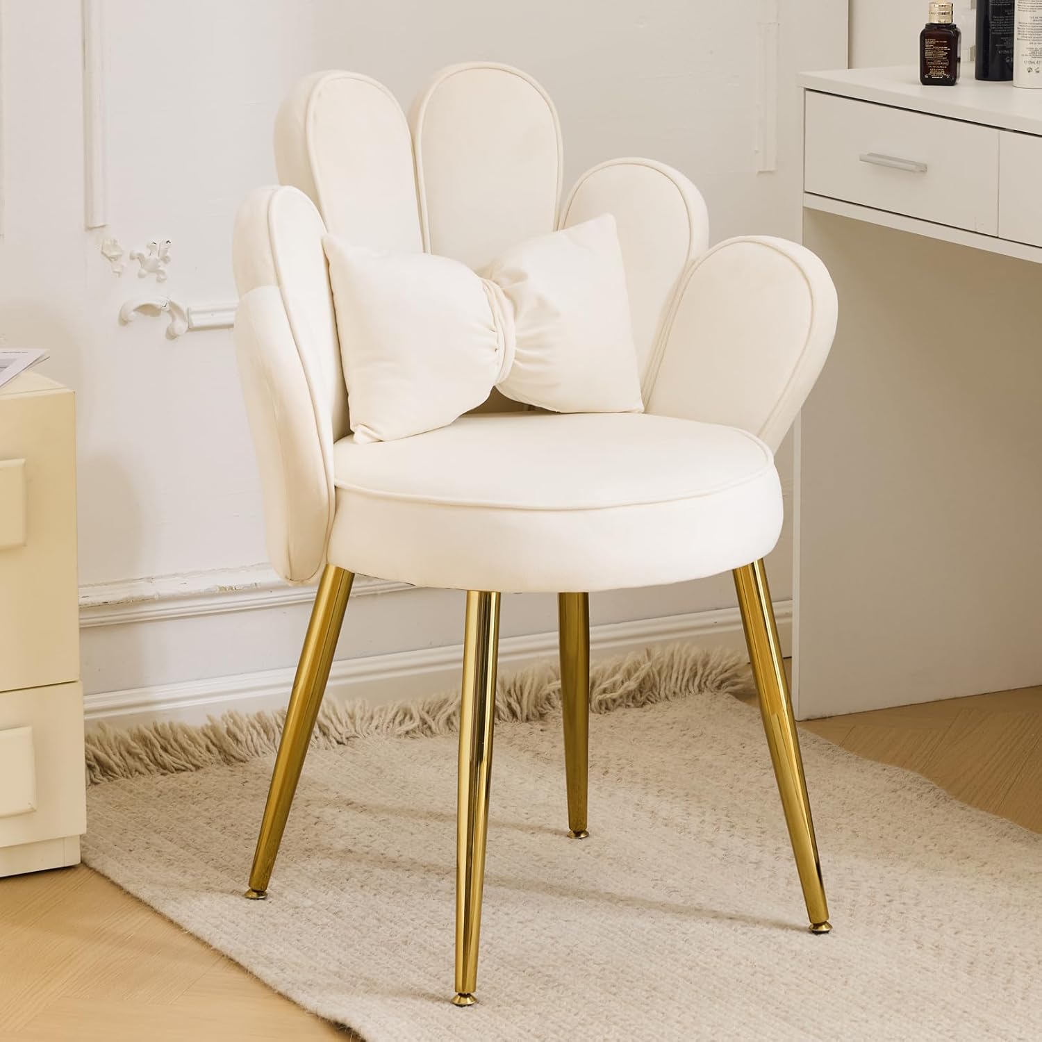 Bonllo Dressing Table Chair With Petal Backrest, Armchair For Living Room, Desk Chair, Modern Dining Chair With Adjustable Gold Legs & Bow Cushions For Bedroom, Home Office (white)