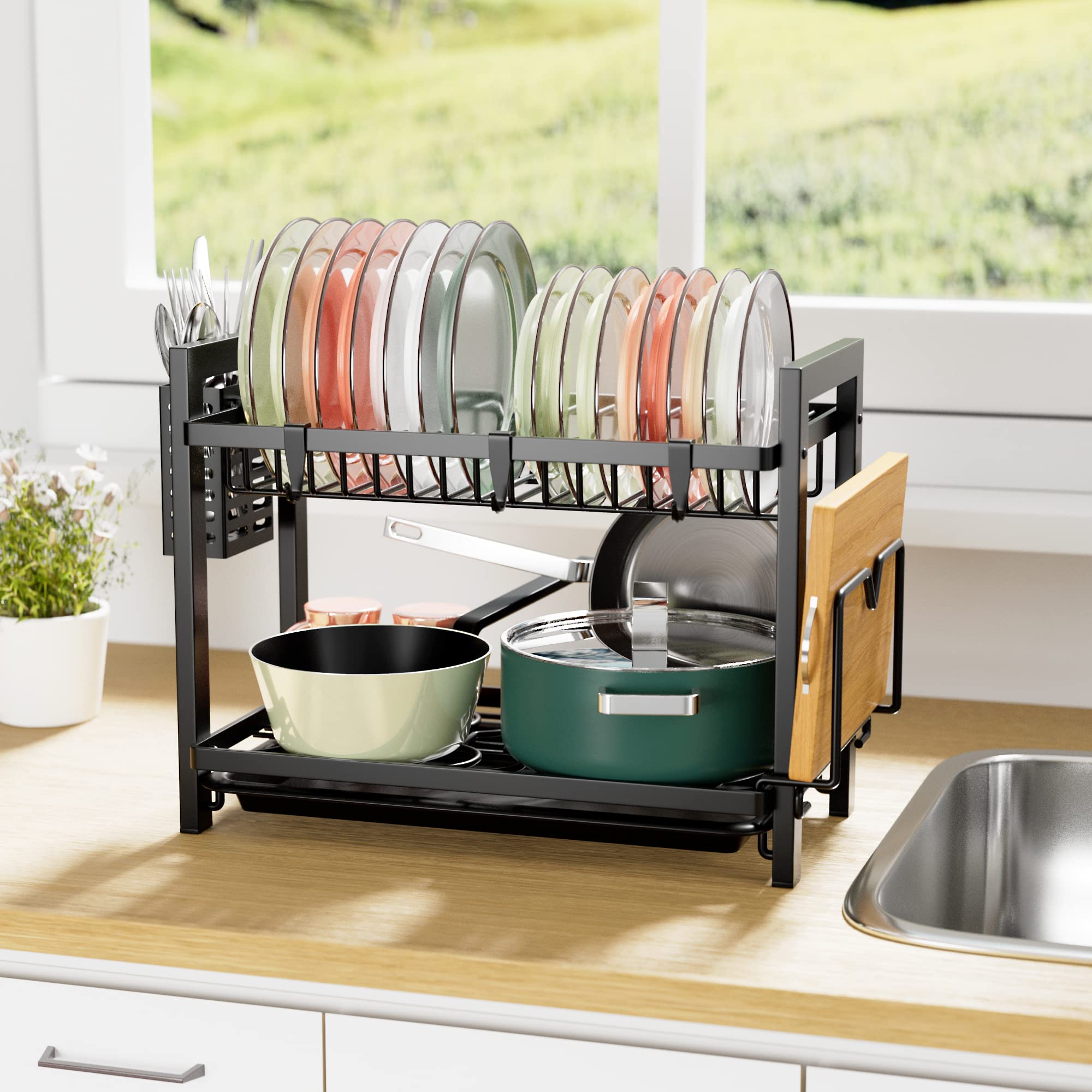 TEMU Space-saving 2-tier Dish Drainer - Large Capacity Metal Rack With Drip Tray & Cutlery Caddy - Perfect For Small Kitchen Countertops & Deep Sinks